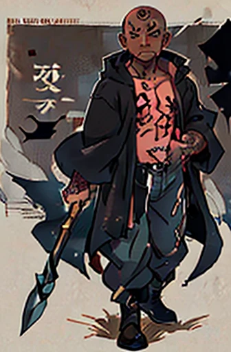 man with black open robe, bare chest, ((tattoed with rows of black script on his entire skin)), black boots, a ((quarterstaff)) in hand, bald, pants, ((brown skin))