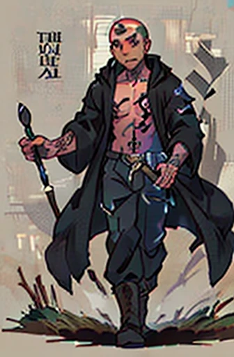 man with black open robe, bare chest, ((tattoed with rows of black script on his entire skin)), black boots, a ((quarterstaff)) in hand, bald, pants, ((brown skin))