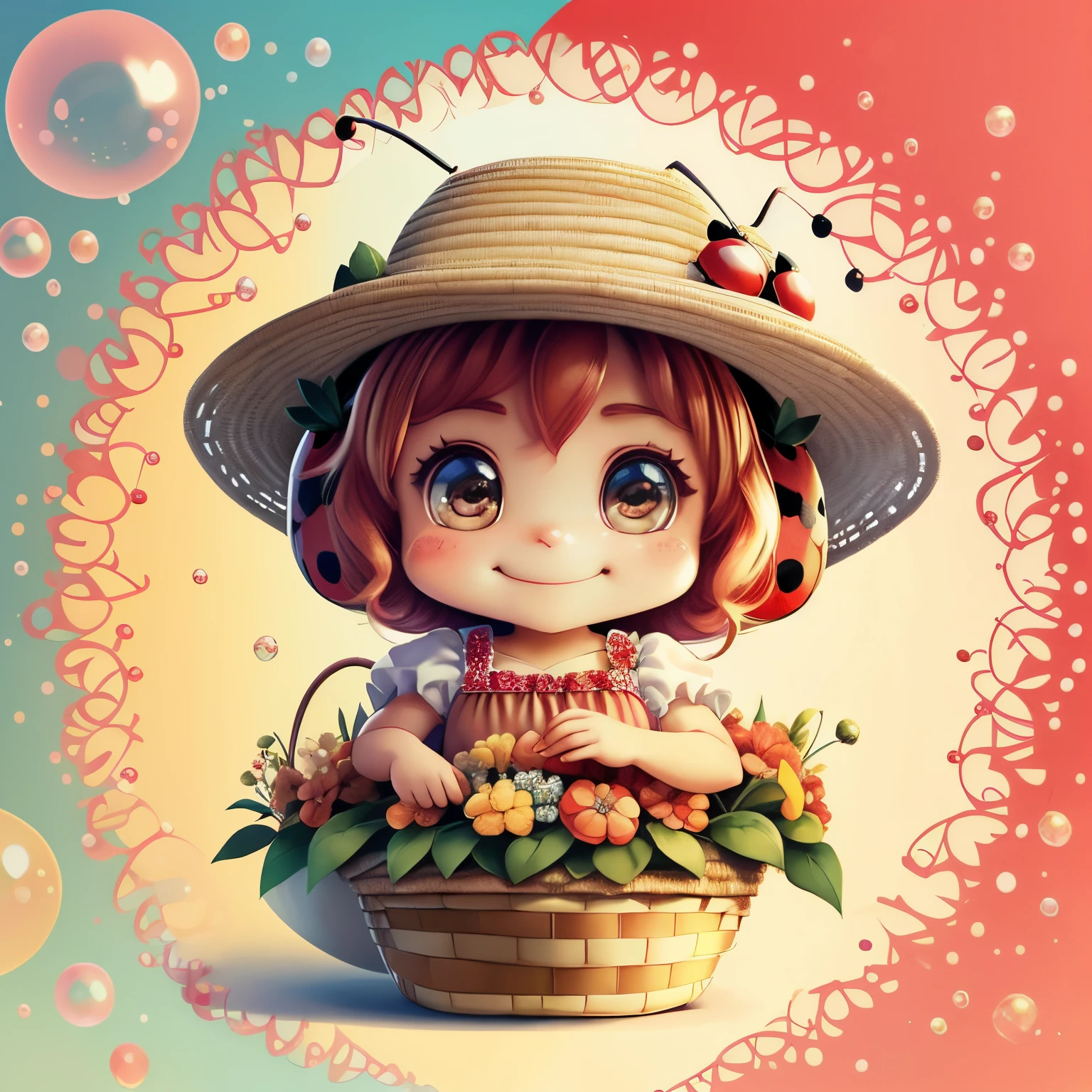 (cute red ladybug smiling with a flower hat in a beautiful basket, bubbles), Munchkin ,Geometric multidimensional wall portrait, livro de arte, Tchibi,
Yang08k, Beautiful, Colouring,
Obras, of the highest quality, best quality, Arte Oficial, Beautiful and Aesthetic,