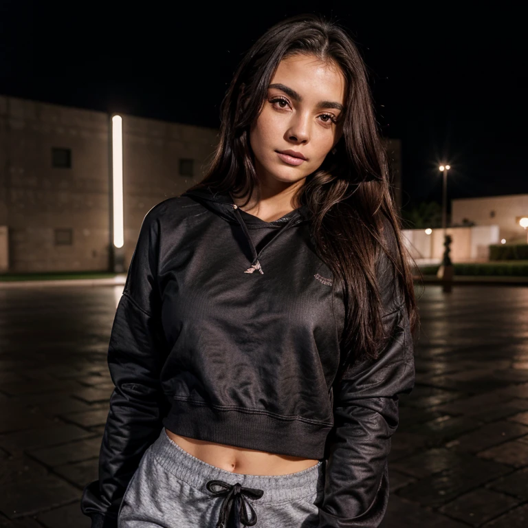 23 year old woman wearing a black sweatshirt, con un pans negro ancho, de noche, piel clara, straight brown hair, labios rosados, cara redonda nariz fina, con lluvia de fondo, pantalon de mezclilla