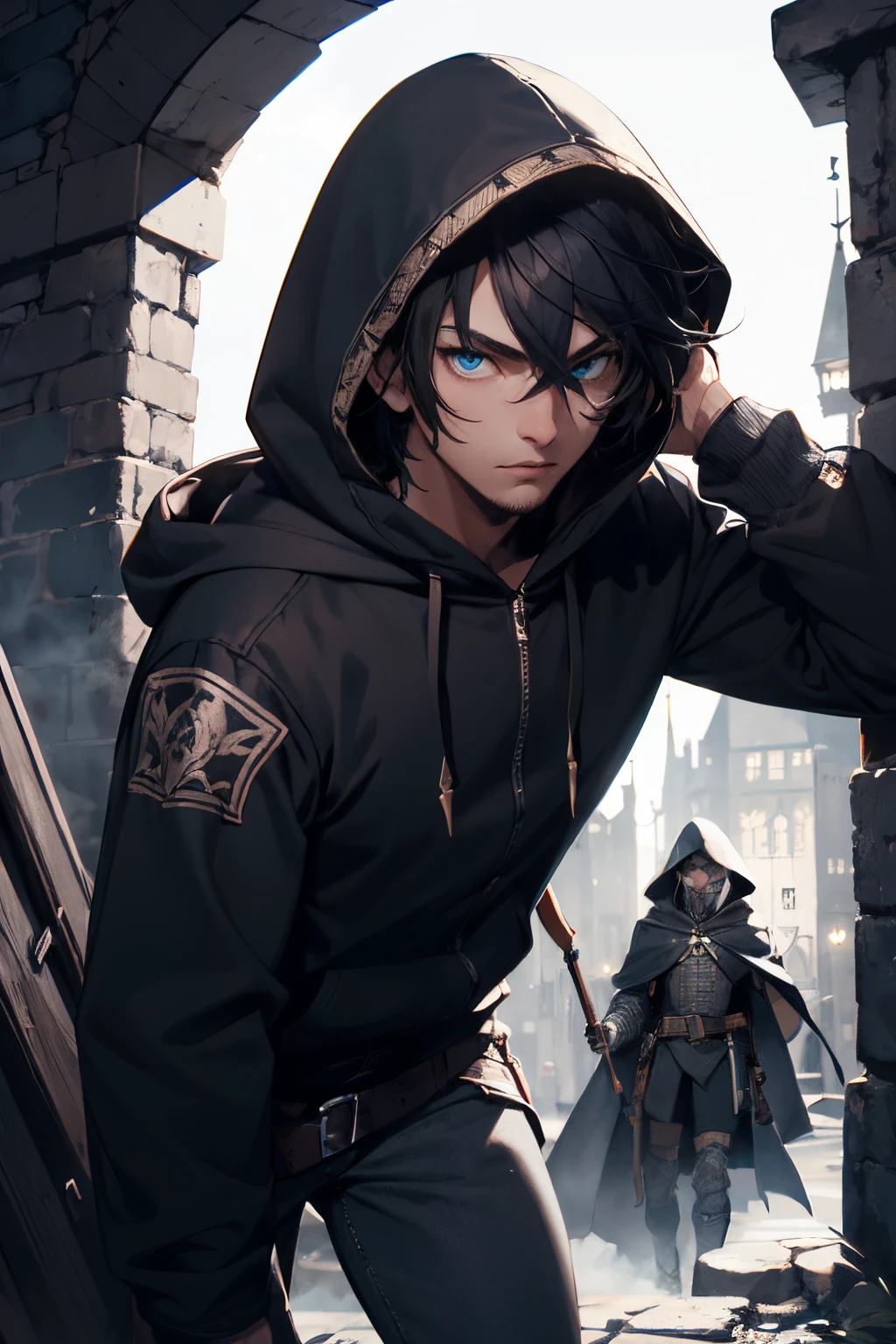 (extremely detailed 8k wallpaper), a full shot of a fearful rogue, male, male focus, black hair, blue eyes, black clothing, hooded, medieval, intricate, high detail