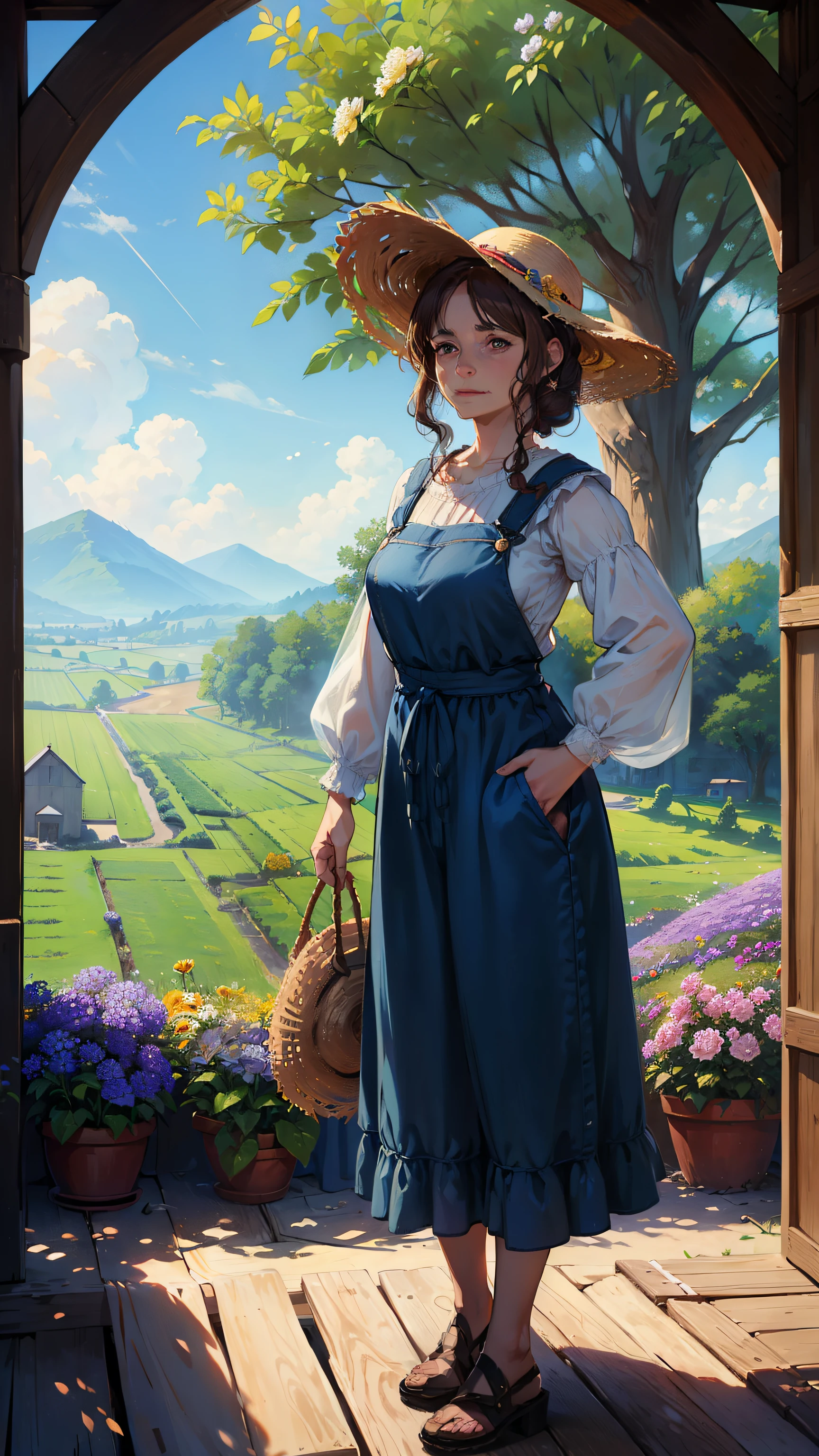 (((((Middle Age Woman))))), masutepiece, ultra-detailliert, 8K Portrait, Raw photo, portrait photo of a female, Full body, Highly detailed face, ((Fantasy)), Old Woman, 49 years old, (((farmer))), Laugh heartily, (((Facial wrinkles))), (((Standing))) Put your hands on your hips, (((a straw fedora hat))), (((black hair curtain bangs))), Long Sleeve Cotton Clothing, overalls, (((Have flowers))), Midday Sun, Hyper realistic, Long legs,On a medieval farm with a flock of chickens, Ambient lighting, Shadow details, Camera focus on face, Light fog