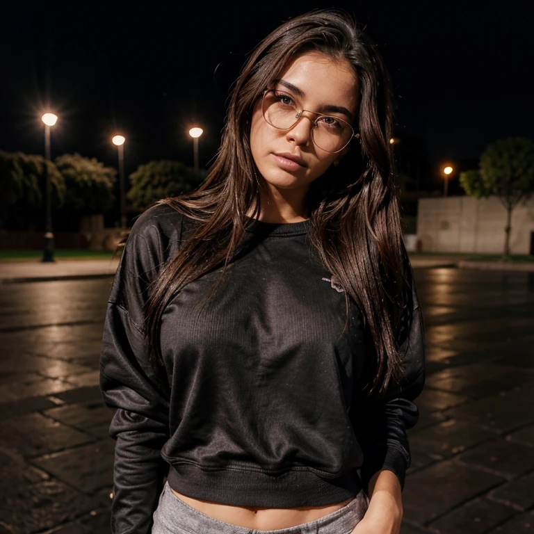 23 year old woman wearing a black sweatshirt, con un pans negro ancho, de noche, piel clara, straight brown hair, labios rosados, cara redonda nariz fina, con lluvia de fondo, pantalon de mezclilla, con lentes