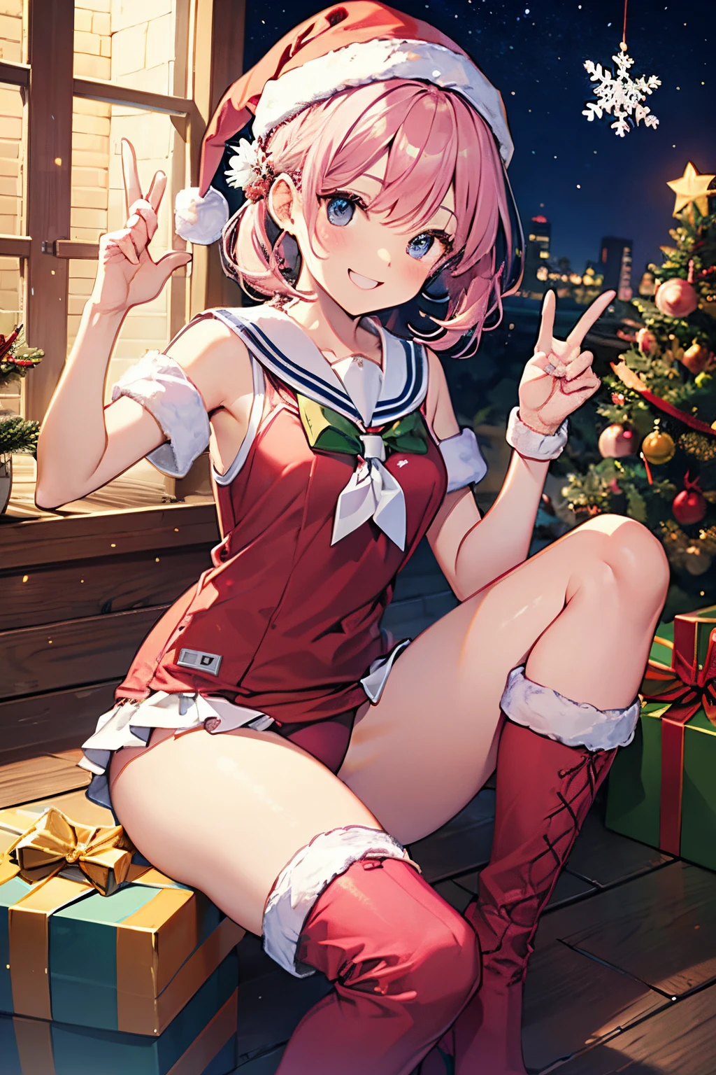 top-quality、Full limbs、complete fingers、Slender beauty、ssmile、short-cut、Wearing a school swimsuit、pink sailor school water、knee high、Wear long boots、Christmas 、Santa wearing a pink costume、Party Venue