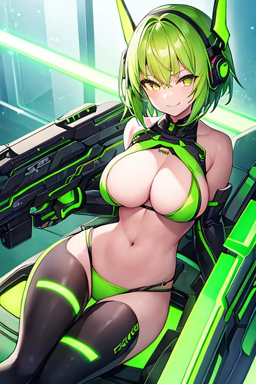 1girl, large breasts, green hair, very short hair, short hair, yellow eyes, bikini, black bikini, neon trim, green neon trim, smile, smirk, smug, futuristic, science-fiction, tech, machinery, shoes, sneakers, green neon trim, green trim, full body, black clothes, hihgleg