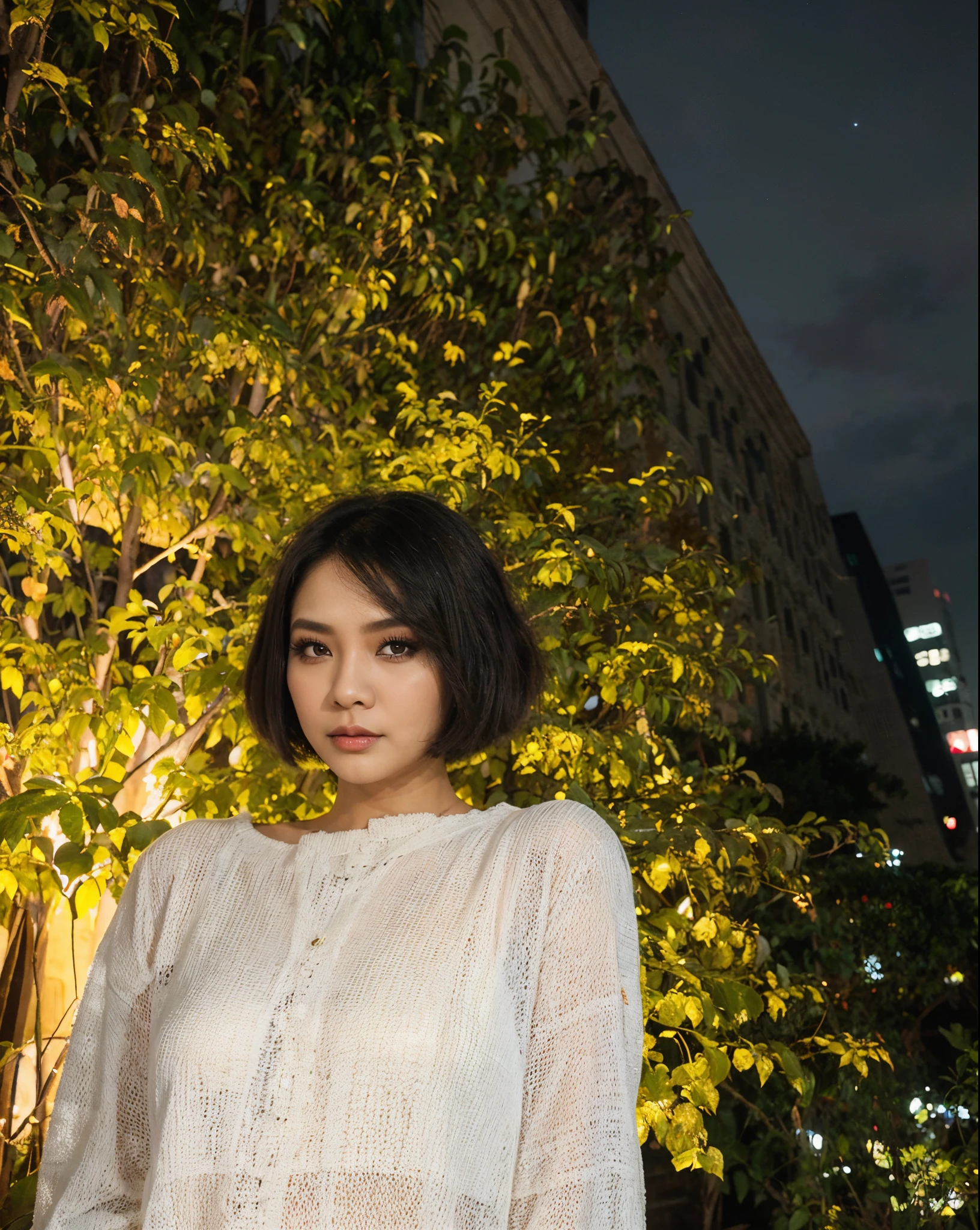 indonesian girl, short hair, heavy make-up, beautiful makeup, stunning, night, dimlight, park, night sky, building night light