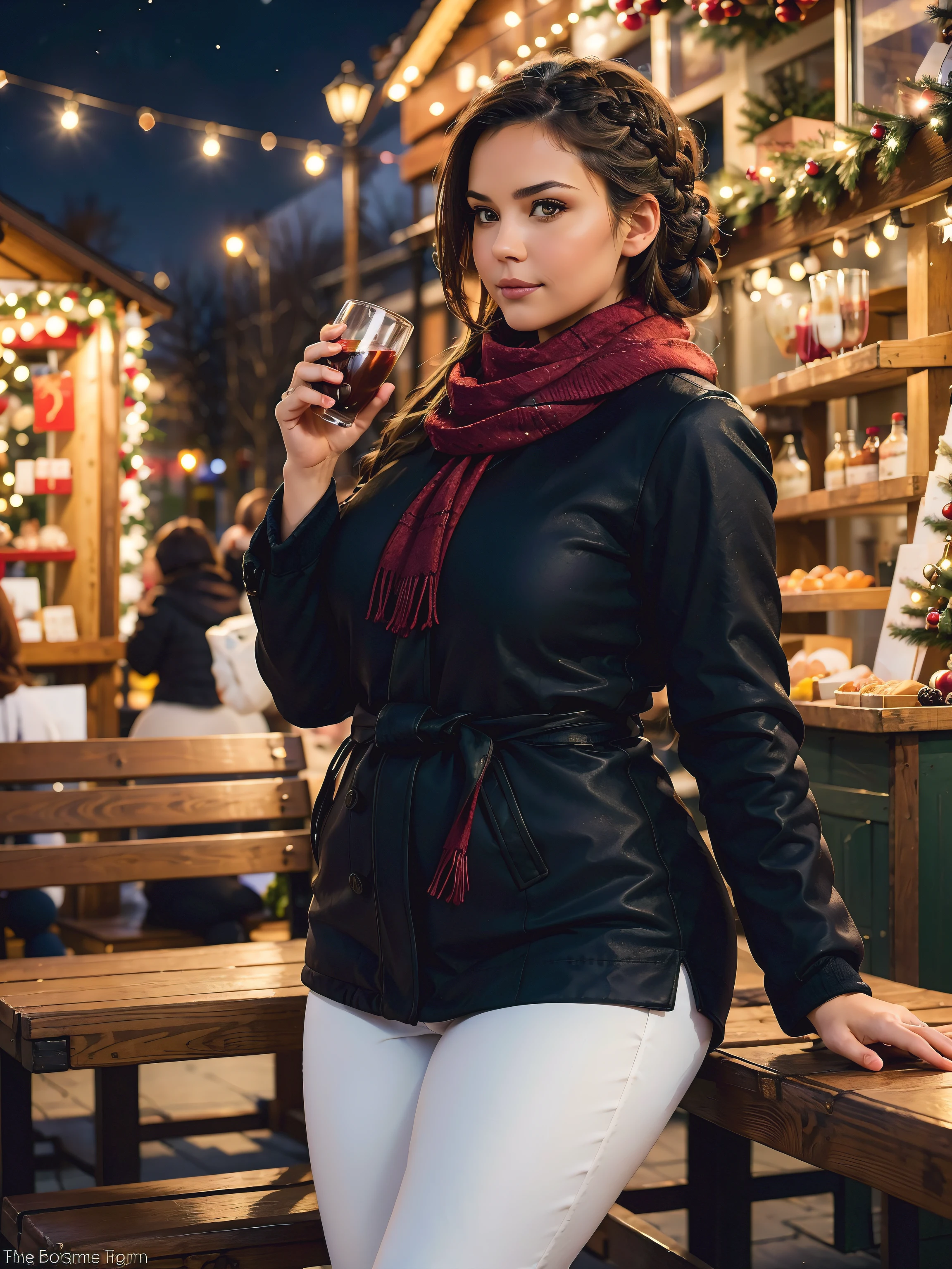 At the Christmas market at the mulled wine stand, a beautiful voluptuous woman, curvy body shape, wide waist, french braid, scarf, winter jacket, tight pants, Getting comfortable on a bench, mulled wine in the hand, cold air, cold tones, depth of field, bokeh, from the side,
