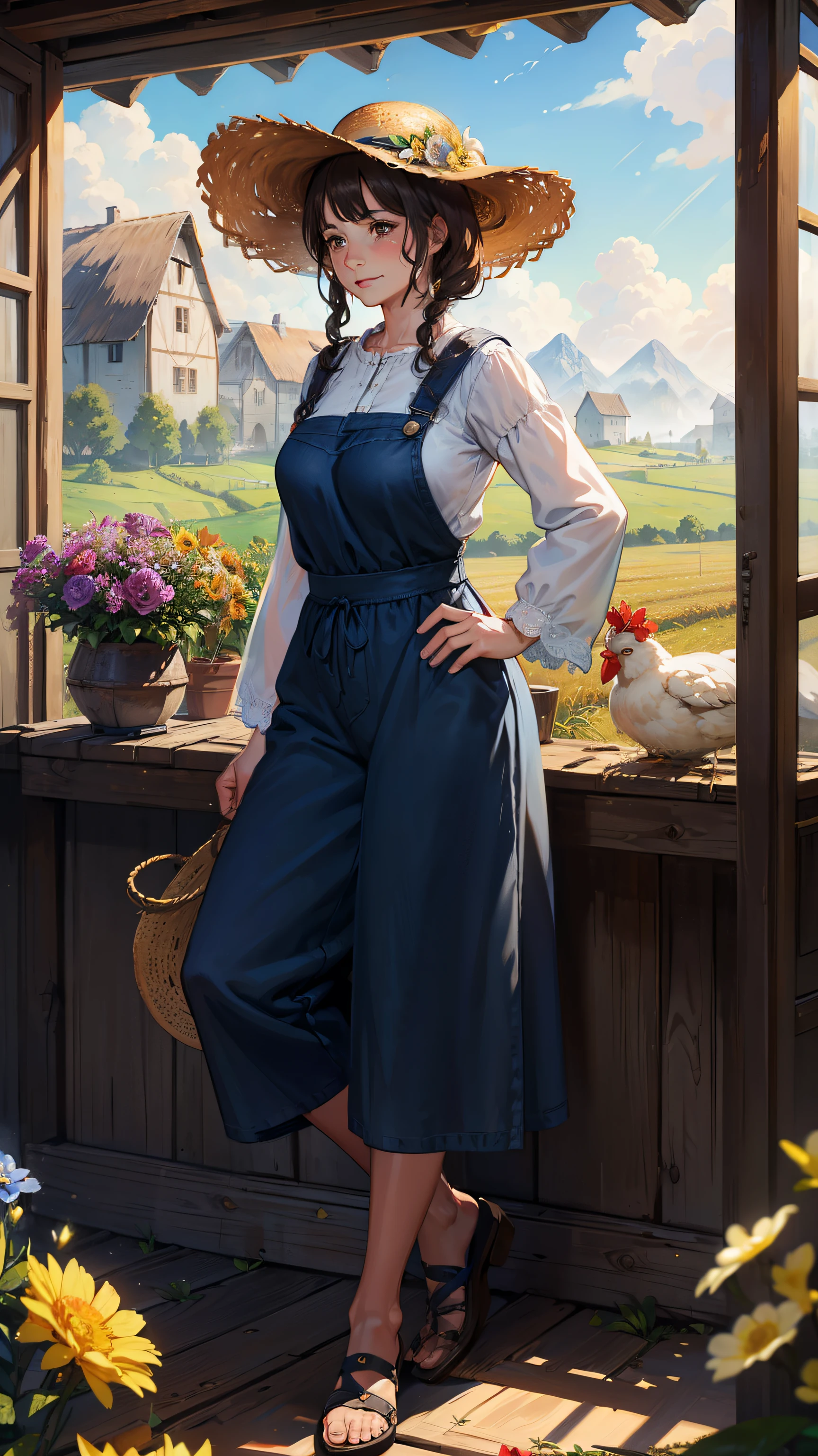 (((((Middle Age Woman))))), masutepiece, ultra-detailliert, 8K Portrait, Raw photo, portrait photo of a female, Full body, Highly detailed face, ((Fantasy)), Old Woman, 49 years old, (((farmer))), Laugh heartily, (((Facial wrinkles))), (((Standing))) Put your hands on your hips, (((a straw fedora hat))), (((black hair curtain bangs))), Long Sleeve Cotton Clothing, overalls, (((Have flowers))), Midday Sun, Hyper realistic, Long legs,On a medieval farm with a flock of chickens, Ambient lighting, Shadow details, Camera focus on face, Light fog