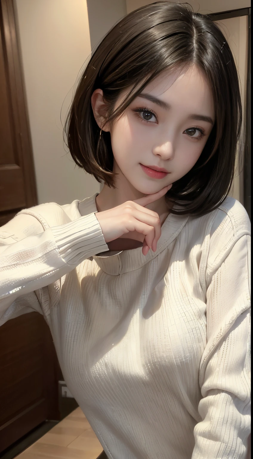 (masuter piece:1.3)、(8K、Photorealsitic、Raw photography、top-quality: 1.4)、(1girl in)、beautiful countenance、(Lifelike face)、(A dark-haired、short-hair:1.3)、Beautiful hairstyle、Realistic eyes beautiful details、（real looking skin）、Beautiful skins、（Sweaters）、absurderes、enticing、超A high resolution、A hyper-realistic、high-detail、the golden ratio、thin waist、White sweater、A smile、delight、The corners of the mouth are raised