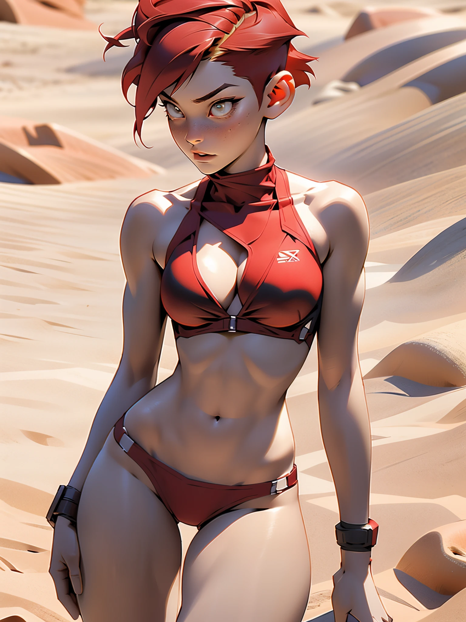 1girl, full body, teenager, solo, (short pixie cut Hair, undercut red hair: 1.28), ((light gray eyes)), some small freckles, (dark fox ears: 1.35), pale skin, large breasts, cleavage, (wide hips, thin waist , athletic body: 1.25), background, looking away, (wearing only a bikini: 1.5), lying down in the sand, perfect hands, perfect fingers, at a beach, masterpiece, best quality,3d rending work ,3DMM style, 3D,