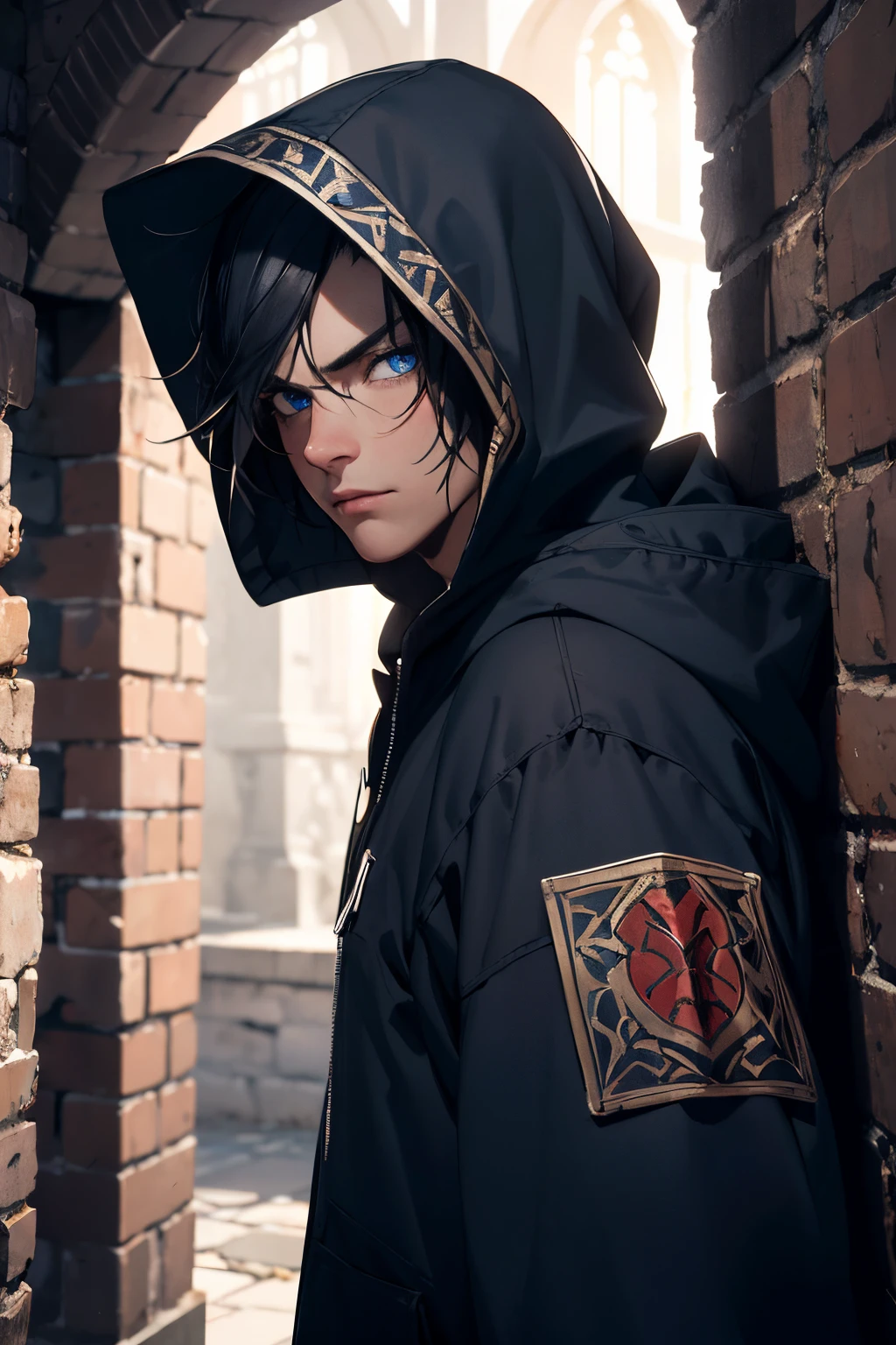 (extremely detailed 8k wallpaper), a medium shot of a fearful rogue, male, male focus, black hair, blue eyes, assassin outfit, hooded, medieval, intricate, high detail