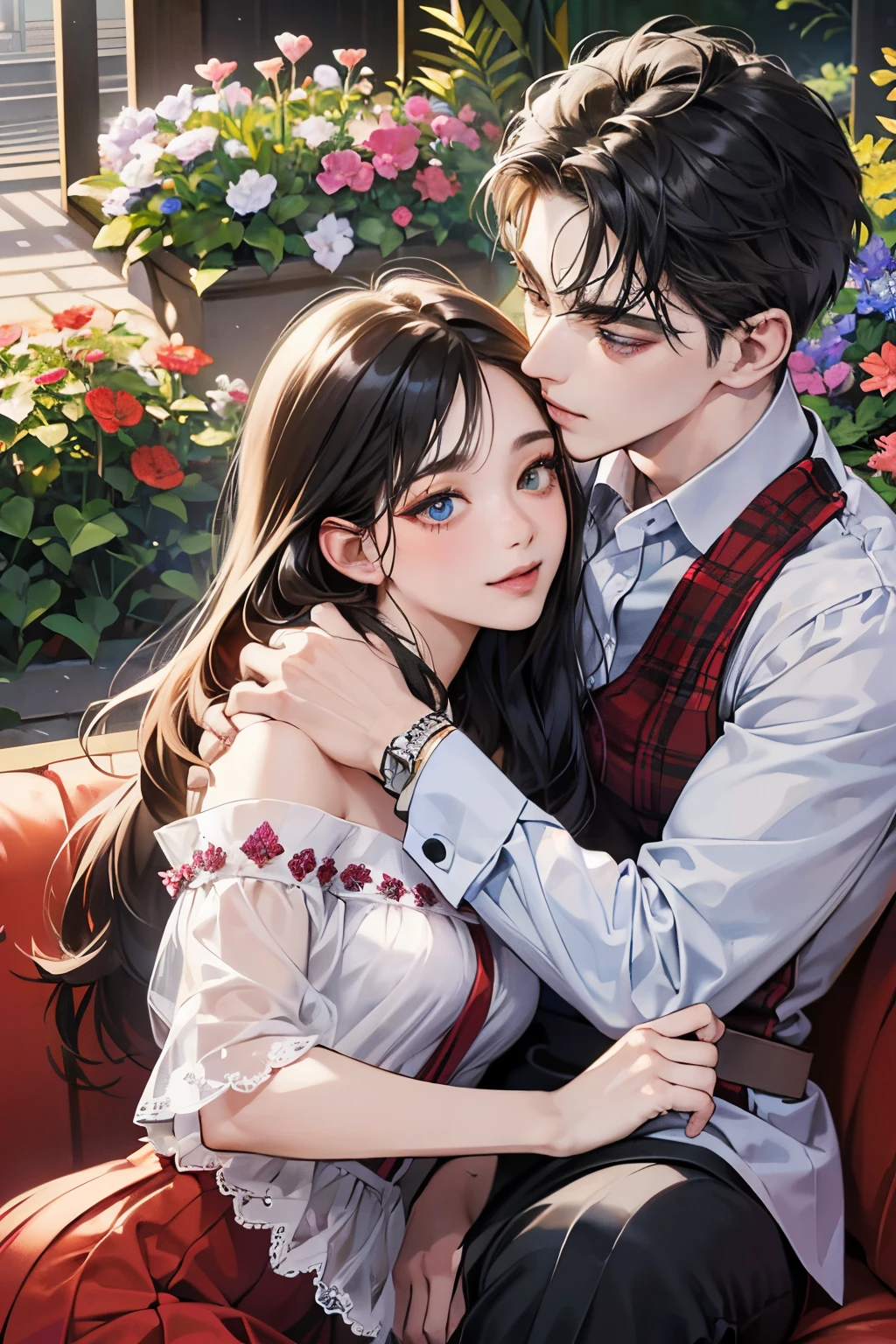 (masutepiece, Digital Art, Digital Illustration, 4K, 8K, Ultra-detailed, beautiful image, Sharp Image, Photorealistic, Raw photo, Perfect face, Perfect lines, Perfect eyes, Soft lighting) ,1 woman, (Long Black Hair,straight haired,Bullish gaze,Beautie,ellegance,Solid makeup,23 y-o woman,small ????:1.3),Two handsome men in suits, (ember,well-muscled,Firm shoulder width, Man's,Boyish hairstyle,English gentlemanly style,Man in his 30s with a cool expression,28-year-old man with bright smile:1.2),Show white teeth and smile(embarrassed from,Shy smile:1.1),A garden full of light、The fountain、Resort Sofa、colorful flower、innocent smiles,Laugh、couple kissing、kiss、the kiss、Romance、