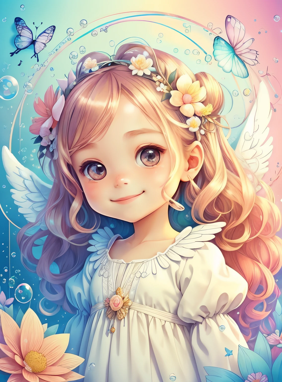 (cute angel smiling with flowers and butterflies, bubbles), Munchkin ,Geometric multidimensional wall portrait, livro de arte, Tchibi,
Yang08k, Beautiful, Colouring,
Obras, of the highest quality, best quality, Arte Oficial, Beautiful and Aesthetic,