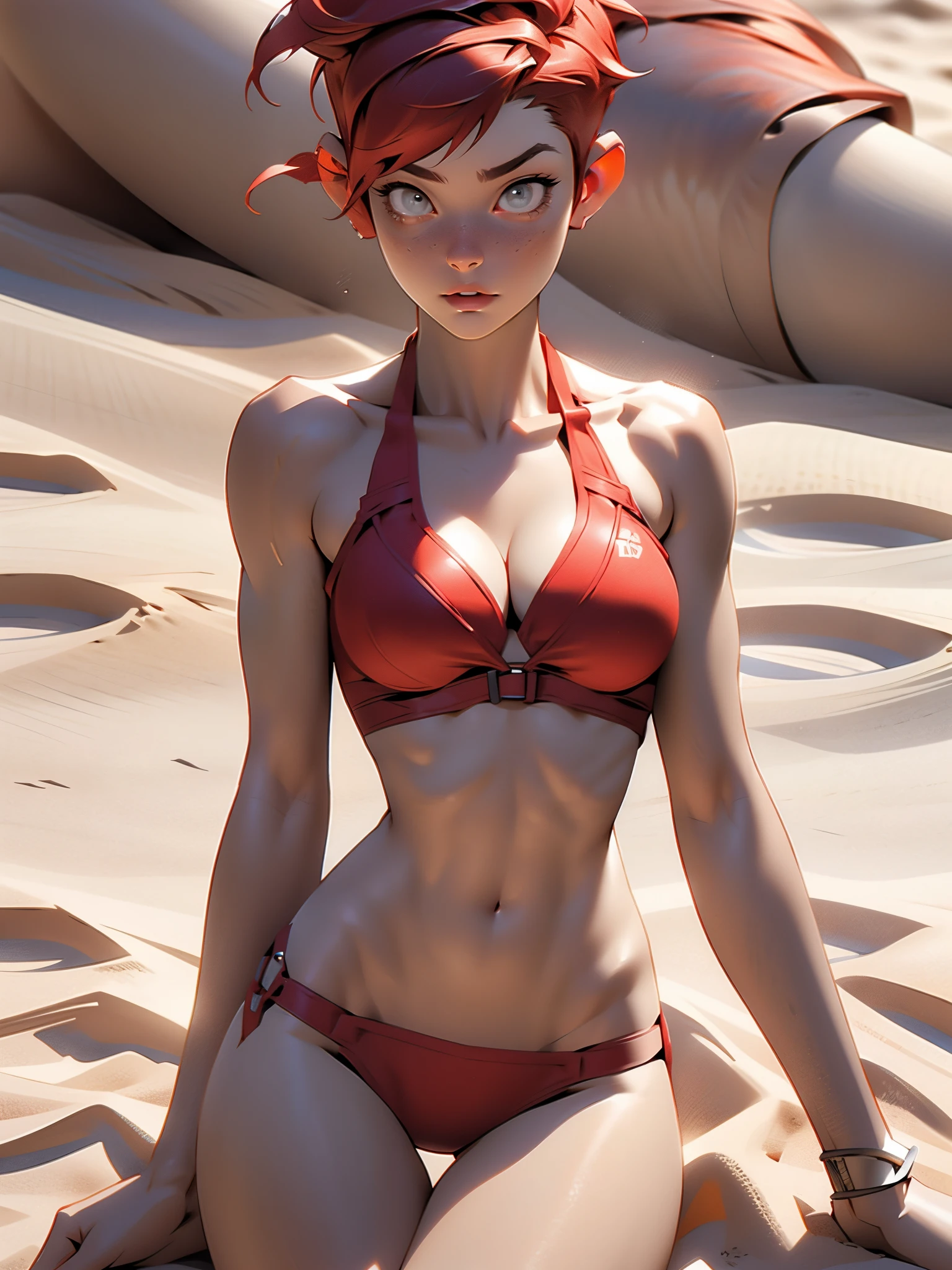 1girl, full body, ager, solo, (short pixie cut Hair, undercut red hair: 1.28), ((light gray eyes)), some small freckles, (dark fox ears: 1.35), pale skin, large breasts, cleavage, (wide hips, thin waist , athletic body: 1.25), background, looking away, (wearing only a bikini: 1.5), lying down in the sand, perfect hands, perfect fingers, pool, masterpiece, best quality,3d rending work ,3DMM style, 3D,