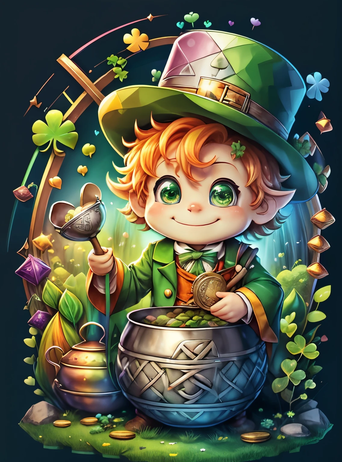 (cute leprechaun smiling with rainbow and cauldron full with clovers and coins), Munchkin ,Geometric multidimensional wall portrait, livro de arte, Tchibi,
Yang08k, Beautiful, Colouring,
Obras, of the highest quality, best quality, Arte Oficial, Beautiful and Aesthetic,