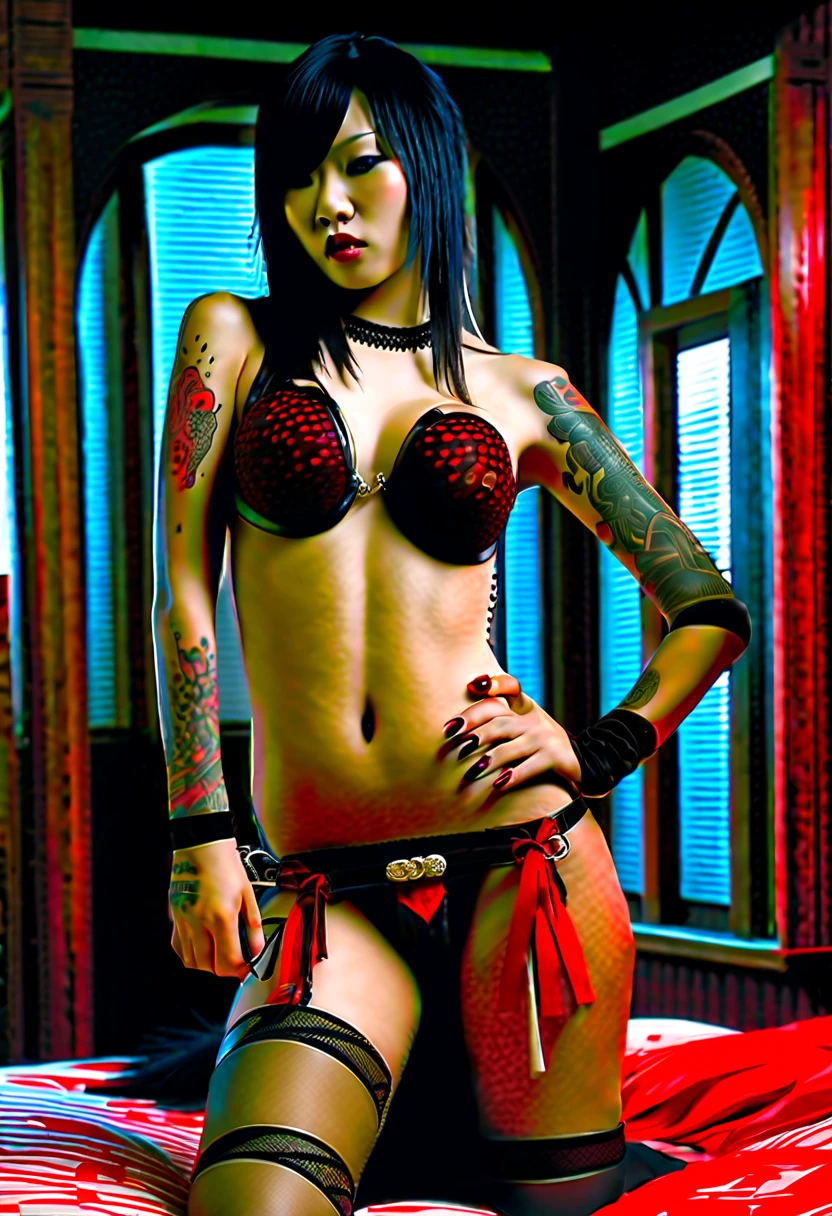 best quality ,magnificent, dark shadowy night, gothic mansion bedroom illuminated by a single candle beautiful gothic Asian vampire woman with yakuza style tattoo all over her body wearing black and red leather thong bikini and black fishnet stockings with a red garter she hides in the bed with her backside revealed, backside, angry and showing her long fangs with blood dripping from the corner of her mouth, nude, topless