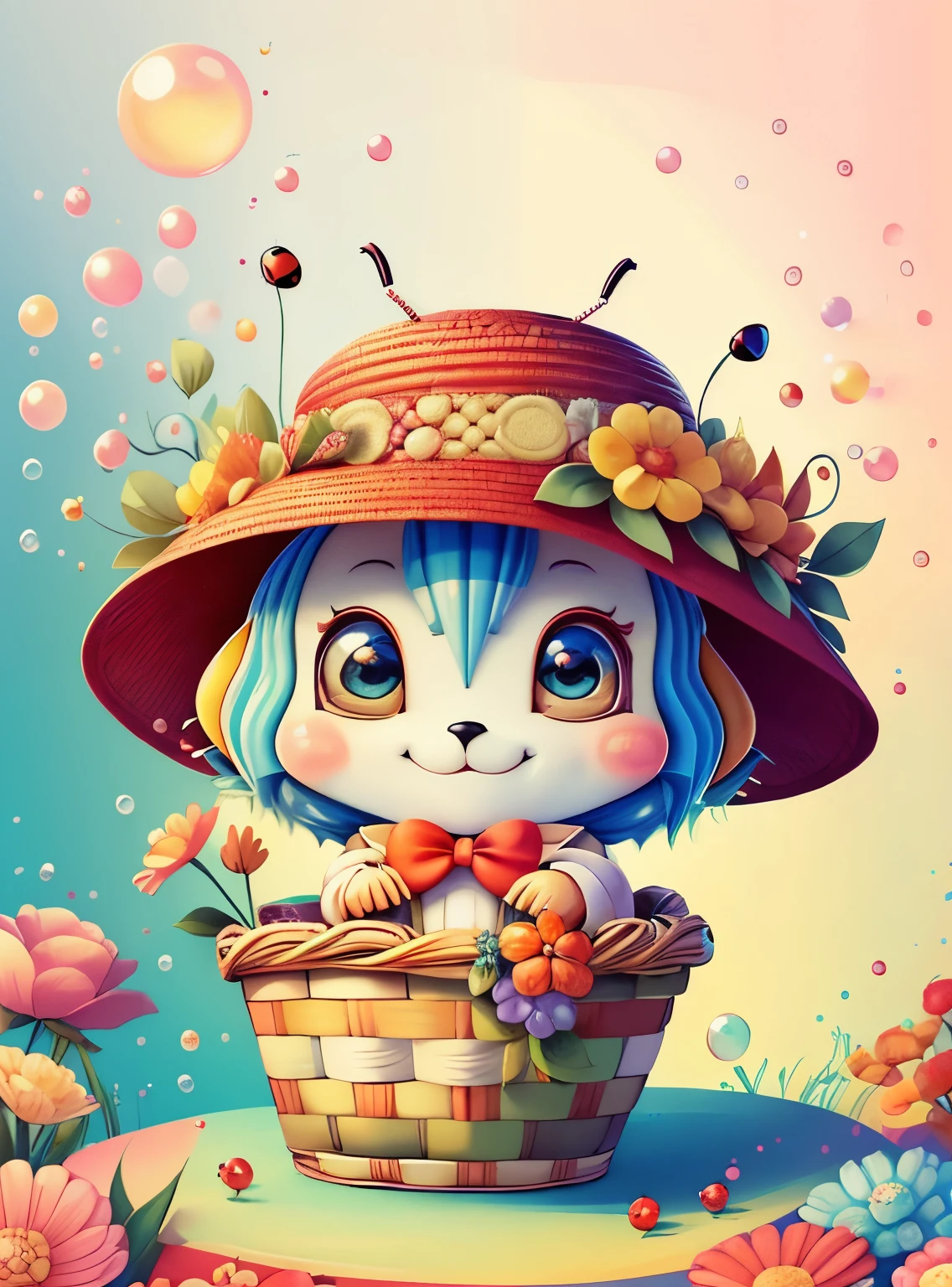 (cute red ladybug smiling with a flower hat in a beautiful basket, bubbles), Munchkin ,Geometric multidimensional wall portrait, livro de arte, Tchibi,
Yang08k, Beautiful, Colouring,
Obras, of the highest quality, best quality, Arte Oficial, Beautiful and Aesthetic,