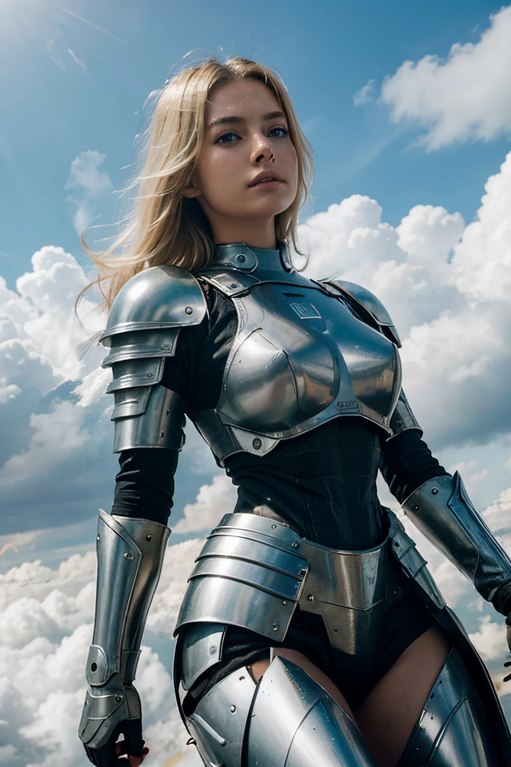 blonde, battle angel, in the sky among clouds, floating, light from above, wearing armor