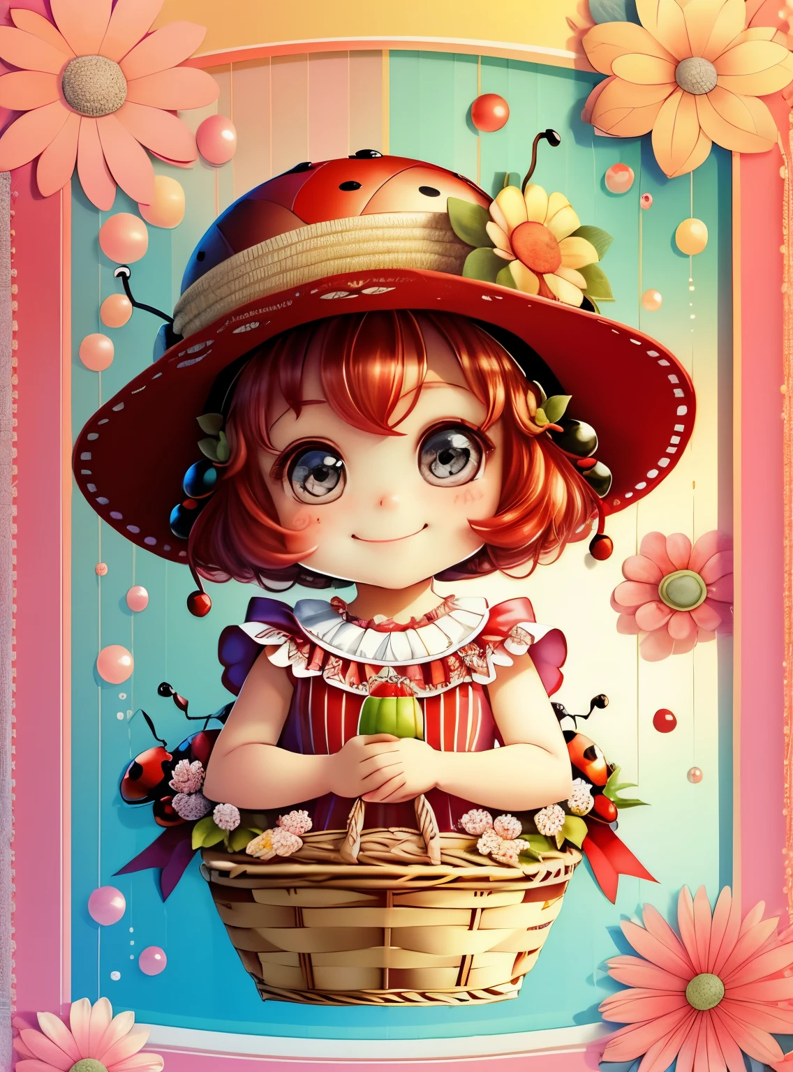 (cute red ladybug smiling with a flower hat in a beautiful basket, bubbles), Munchkin  ,Geometric multidimensional wall portrait, livro de arte, Tchibi,
Yang08k, Beautiful, Colouring,
Obras, of the highest quality, best quality, Arte Oficial, Beautiful and Aesthetic,