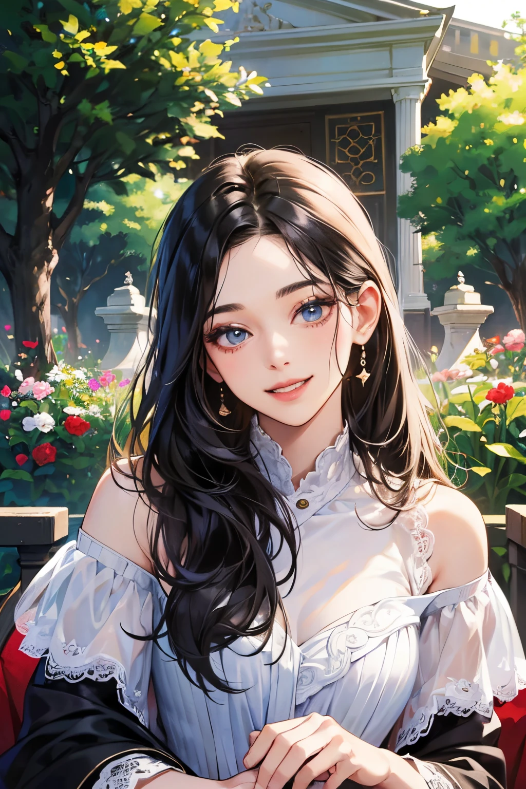(masutepiece, Digital Art, Digital Illustration, 4K, 8K, Ultra-detailed, beautiful image, Sharp Image, Photorealistic, Raw photo, Perfect face, Perfect lines, Perfect eyes, Soft lighting) ,1 woman, (Long Black Hair,straight haired,Bullish gaze,Beautie,ellegance,Solid makeup,23 y-o woman,small tits:1.3),Two handsome men in suits, (ember,well-muscled,Firm shoulder width, Man's,Boyish hairstyle,English gentlemanly style,Man in his 30s with a cool expression,28-year-old man with bright smile:1.2),Show white teeth and smile(embarrassed from,Shy smile:1.1),A garden full of light、The fountain、Resort Sofa、colorful flower、innocent smiles,Laugh、couple kissing、kiss、the kiss、Romance、