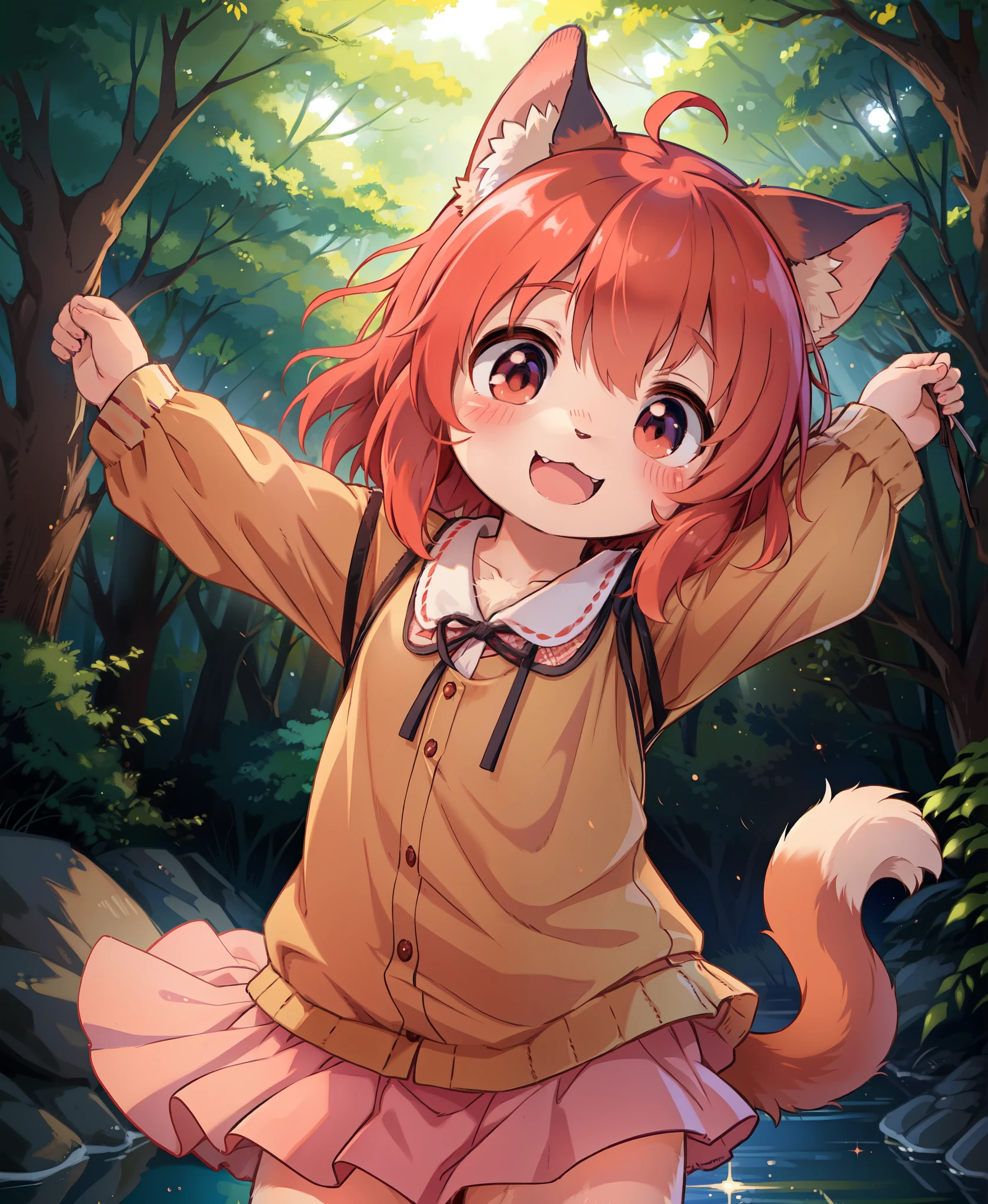 dagasi, ( furry body) , (realistic fur) , standing, fluffy tail, blush, (:3), species that looks like a cross between girl and a cat, a happy ,dancing, cinematic lighting ,4k, in the forest, cute