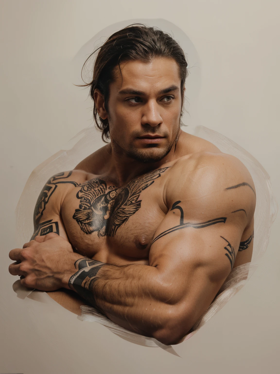Muscular, realistic, pose 3:4. Man showing a tatoonon his shoulder, tatoo on the shoulder, tatoo machine on his hand