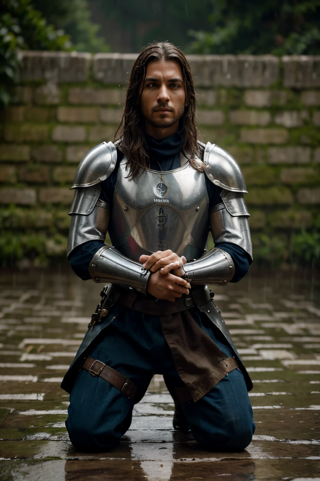 Imagina um soldado medieval, vestindo uma armadura robusta e gasta pelo tempo, kneeling reverently in the rain. His hands tightly grip the hilt of a sword, and rainwater runs down the edges of the armor, reflecting the determination in your eyes. The sound of rain mixes with the solemn silence, creating a scene of resilience and strength in the face of adversity.