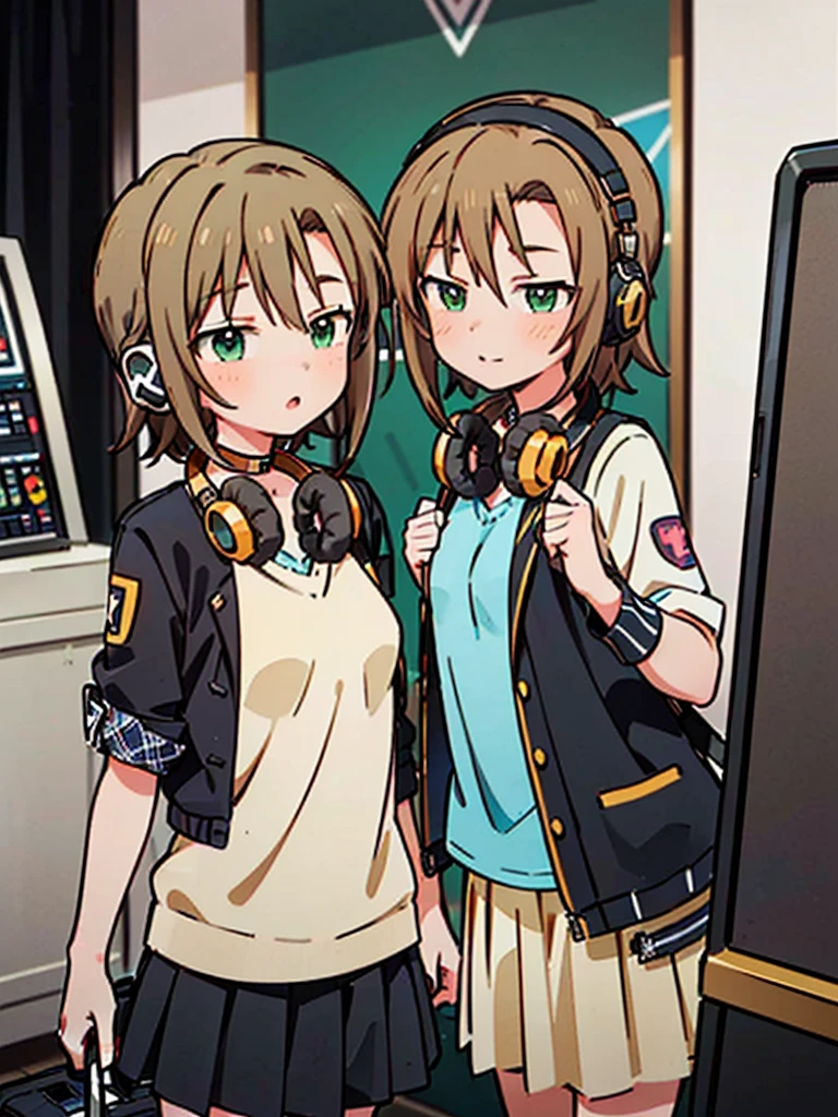 ((((Riina Tada from Idol master)))), ((1little girl)), 16yo, (((light brown hair))), (green eyes), ((Hair parting is on the left side)), (((diagonal bangs))), (Blunt bangs), (middle hair),  (((headphones on her neck))), (with guitar case), 
White tee shirt, pleatedskirt, Black jacket,
((small tits)), music studio,