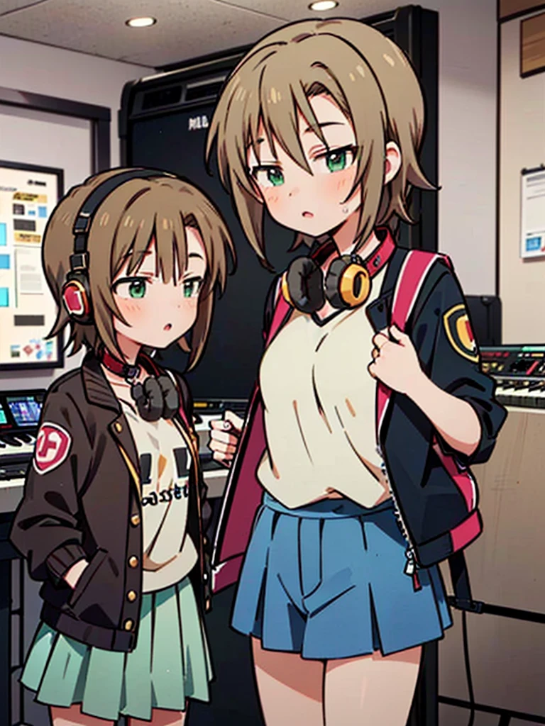 ((((Riina Tada from Idol master)))), ((1little girl)), 16yo, (((light brown hair))), (green eyes), ((Hair parting is on the left side)), (((diagonal bangs))), (Blunt bangs), (middle hair), (((headphones on her neck))), (with guitar case),
White tee shirt, pleatedskirt, Black jacket,
((small tits)), music studio,