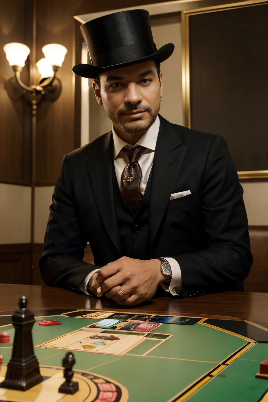 High resolution 1280px x 720px image shows the iconic character from the game Monopoly in the center. He is represented as an elegant tycoon, com um terno bem ajustado, a top hat and a confident smile on your face. Ao redor do personagem, the background of the image depicts details from the game Monopoly, trazendo elementos vibrantes e coloridos. The game board is the highlight, com suas propriedades distintas, like houses and hotels, em tons de vermelho, azul, verde e amarelo, destacando-se contra o fundo brilhante. The streets and avenues on the board are displayed in perspective, giving a sense of depth to the image. Ao redor do tabuleiro, there are piles of money, simbolizando a riqueza que pode ser conquistada no jogo. Luck and setback cards are scattered across the image, adding a touch of mystery and unpredictability. Ademais, small miniature houses and hotels are strategically positioned in the background, simbolizando o crescimento das propriedades ao longo do jogo. As cores vibrantes e vivas dominam a imagem, bringing a feeling of energy and enthusiasm. O contraste entre as cores e os detalhes minuciosos cria uma imagem impactante e impressionante. No geral, the high resolution image of the Monopoly character in the center, com detalhes e cores vibrantes do jogo ao fundo, conveys the message that Monopoly is a game for tycoons who want to conquer property and accumulate wealth.