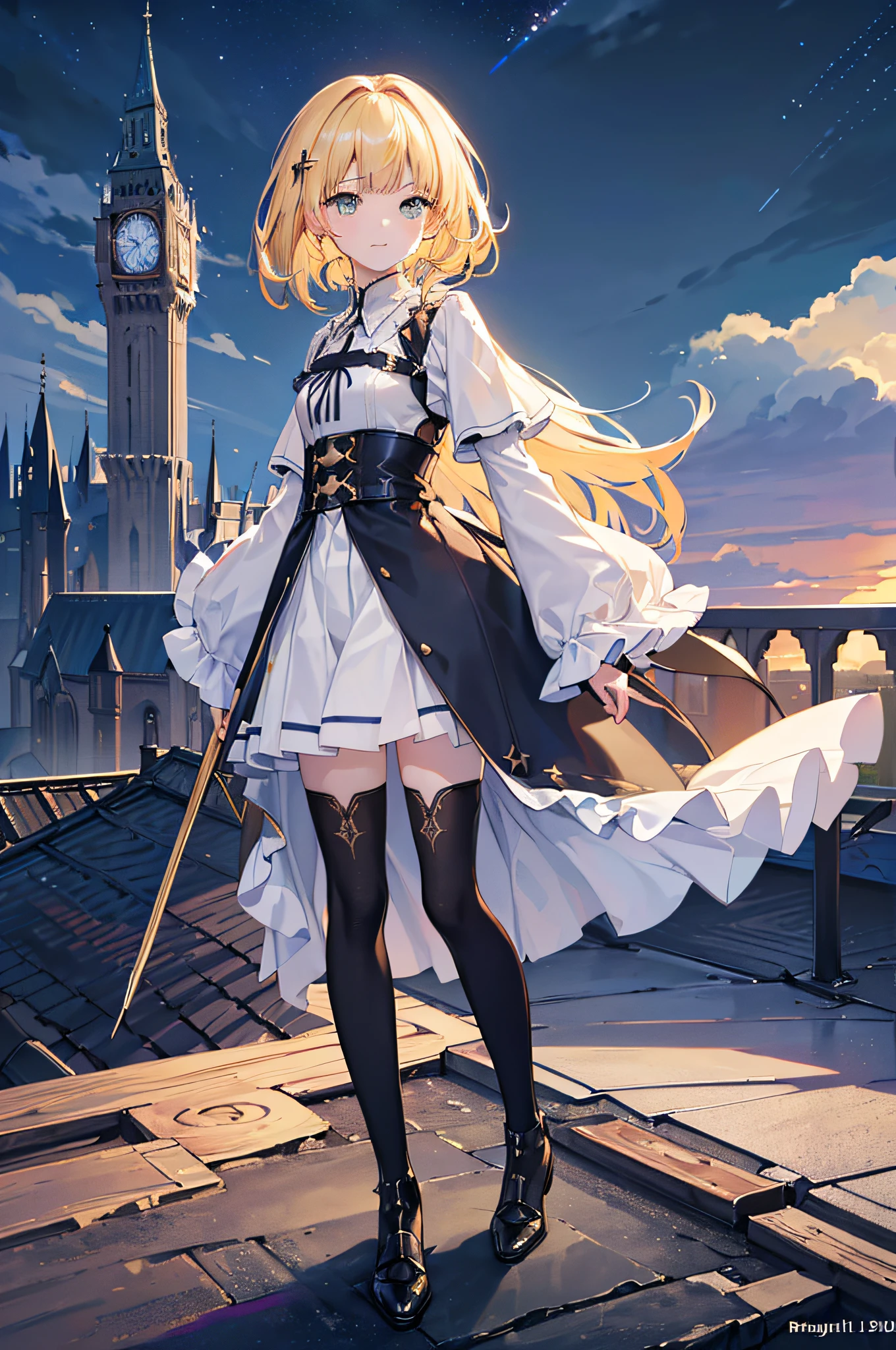 (Official art、Best Quality、Unity 8k Wallpapers、32K、masterpiece、ultra-detailliert、超A high resolution、realisitic、Photorealsitic:1.2)、(Cinematic lighting:1.2)、Fireglow effect、film grains、Best Shadows、Rim lighting、side lights、sideshot、(Ultra-detailed and complex 3D rendering)、Detailed beautiful face and eyes、Sharp pupils、Realistic pupils、A slender、1Woman、Medium bust、(Full body:1.2)、 Highly detailed background、beauitful face、16-year-old beautiful girl、(super detailed skin、detailed skin textures:1.3)、(Half Blonde、Colorful hair:1.3)、Blunt bangs、green colored eyes、magical girl costume、A slender、white shirt、Costumes with frills、frills skirt、knee sox、(thighs thighs thighs thighs:0.8)、Black boots、(Fantastic and beautiful night sky、Medieval city at night、On the roof of the tower:1.4)、(carrying a magical staff:1.3)、(Looking away、overlooking a city:1.3)、Fantastical、Gentle smile、I opened my mouth a little