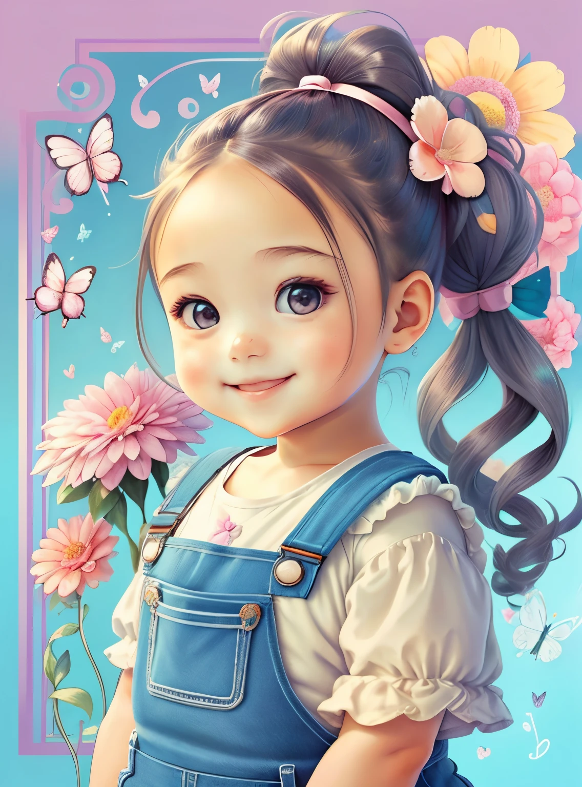 (cute chubby baby girl smiling with ponytails wearing overalls, flowers, butterflies) Munchkin, Geometric multidimensional wall portrait, livro de arte, Tchibi,
Yang08k, Beautiful, Colouring,
Obras, of the highest quality, best quality, Arte Oficial, Beautiful and Aesthetic,