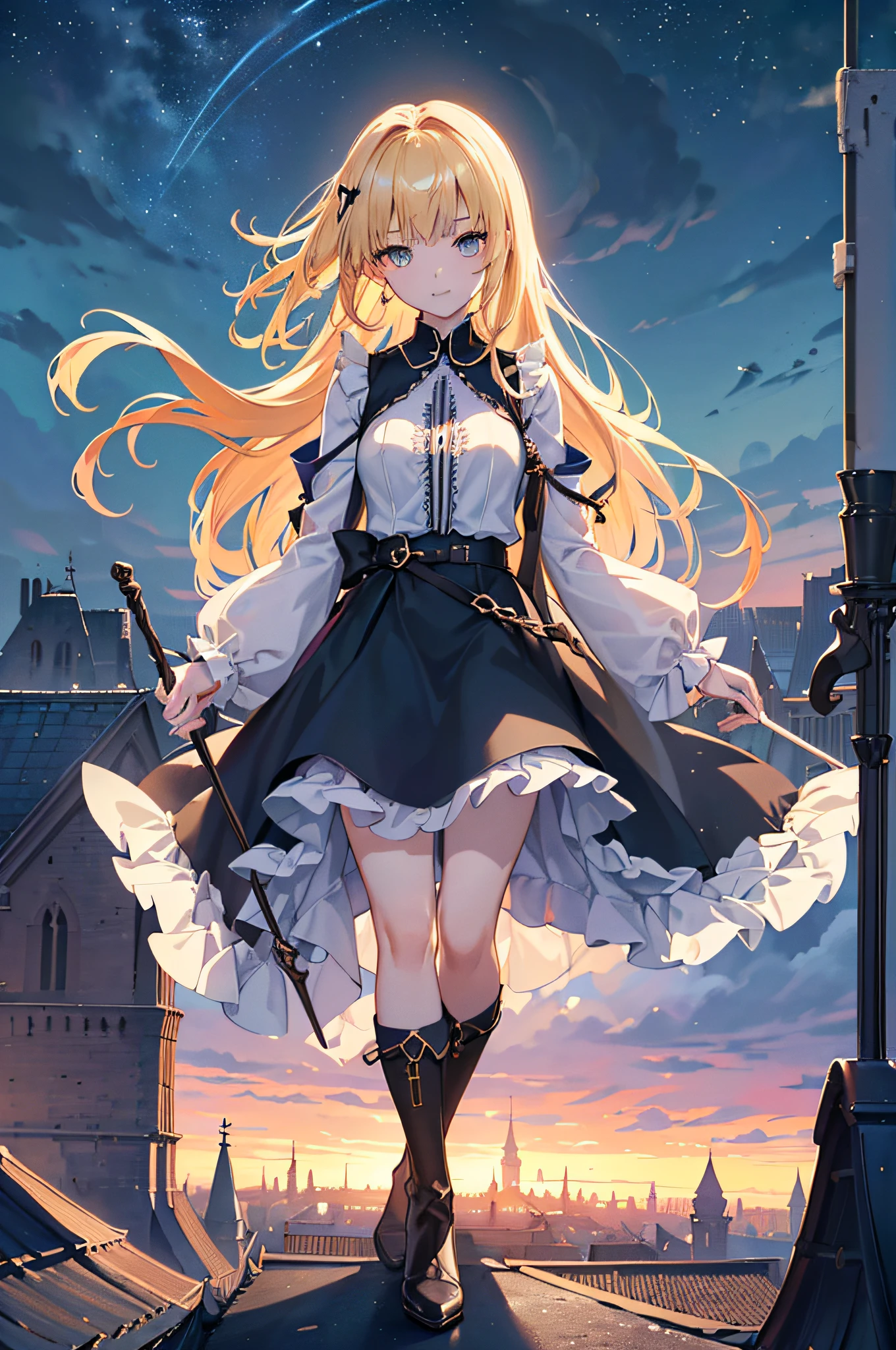 (Official art、Best Quality、Unity 8k Wallpapers、32K、masterpiece、ultra-detailliert、超A high resolution、realisitic、Photorealsitic:1.2)、(Cinematic lighting:1.2)、Fireglow effect、film grains、Best Shadows、Rim lighting、side lights、sideshot、(Ultra-detailed and complex 3D rendering)、Detailed beautiful face and eyes、Sharp pupils、Realistic pupils、A slender、1Woman、Medium bust、(Full body:1.2)、 Highly detailed background、beauitful face、16-year-old beautiful girl、(super detailed skin、detailed skin textures:1.3)、(Half Blonde、Colorful hair:1.3)、Blunt bangs、green colored eyes、magical girl costume、A slender、white shirt、Costumes with frills、frills skirt、knee sox、(thighs thighs thighs thighs:0.8)、Black boots、(Fantastic and beautiful night sky、Medieval city at night、On the roof of the tower:1.4)、(carrying a magical staff:1.3)、(Looking away、overlooking a city:1.3)、Fantastical、Gentle smile、I opened my mouth a little