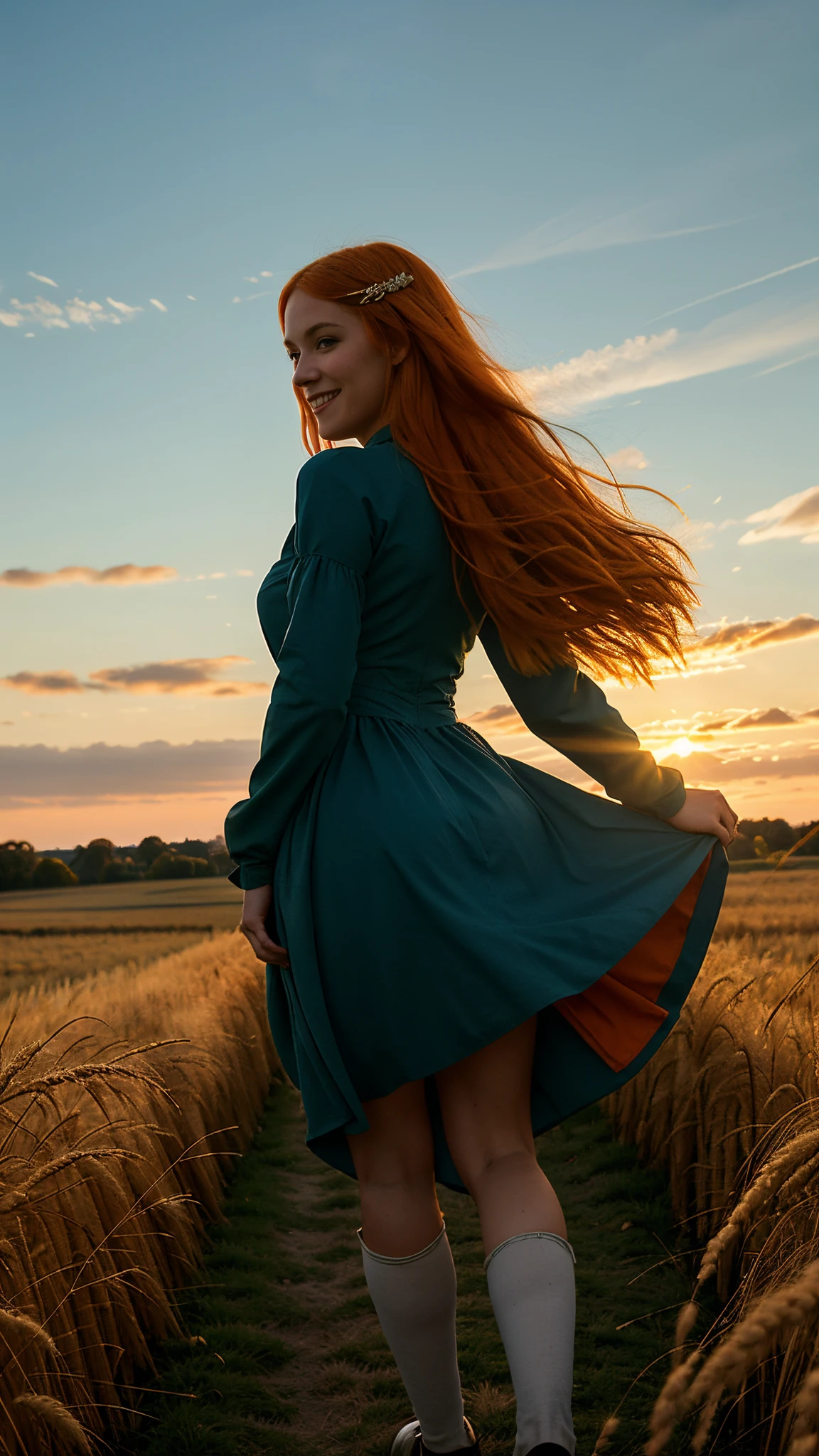 1 girl, Solo, long orange hair, Running, (Takamugi Field), Turning around, emerald eyes, Long Blue Dress, medieval times, Medieval costumes, Long sleeve sunset, Light from behind, Shadow in the picture, Smile, laught, (Blue sky), Against the background of wheat, Standing in the Distance, Looking at the viewer, full-length