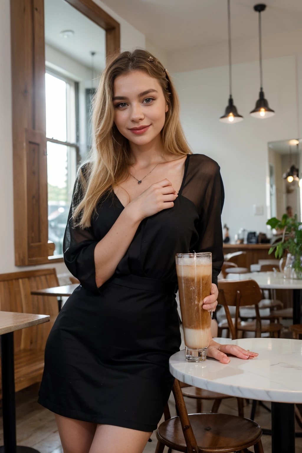Beautiful girl,blonde hair,russian,drinking in coffee,cafe,in front of the mirror,smile,black dress,influencer