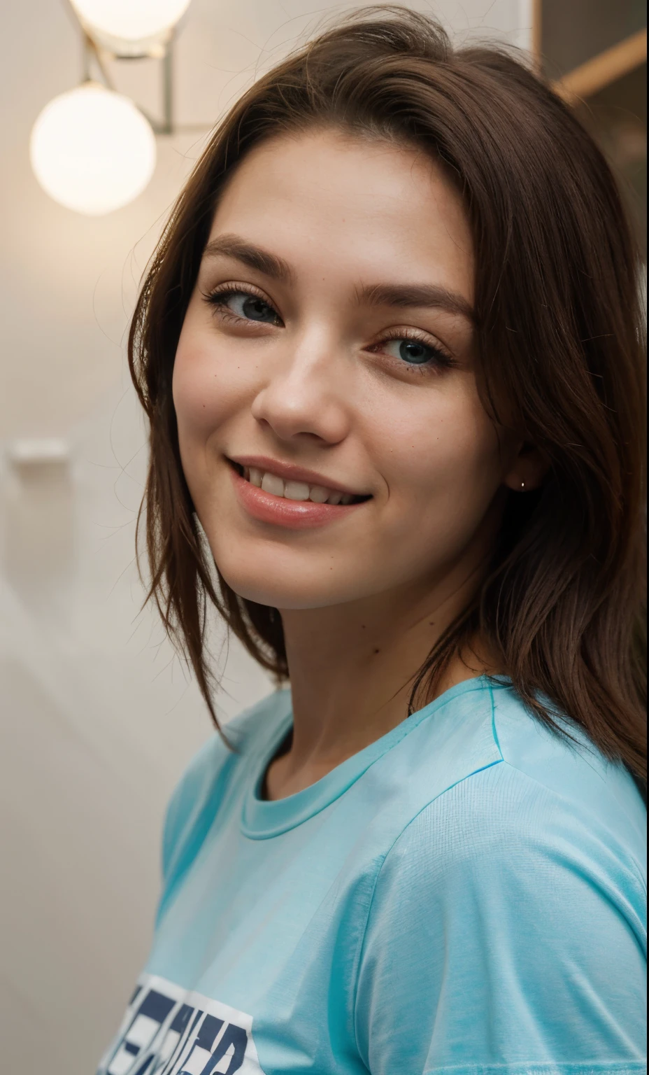 (best quality), (master part), (high resolution), (detalhes intrincados:0.2),(professional lighting), quarto, Antecedentes detalhados, camiseta preta over sized, fora do ombro, (vista anterior), 1girl, sozinho, (beautiful face:1.40),  corpo magro, pele fina, sorrir, cabelo castanho longo rabo de cavalo, sky blue eyes, (medium beasts:1.10), veja no visualizador,