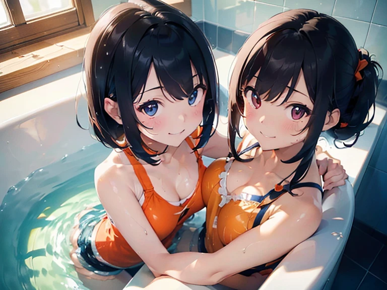 (​masterpiece:1.3),top-quality,Highest Definition,(Top resolution:1.3),Top image quality,(8K分辨率:1.3),(sharpnes:1.5),Fine eyes,Fine hair,(A hyper-realistic:1.5),swim wears(orange and navy blue、Depicted in detail、Orange Camisole、Dark blue shorts、Drenched in clear slimy lotion),2girls(17 age、cute smile face、feel attractive、embracing each other),soaking wet in the bathroom(Large bathtub,Slimy lotion),