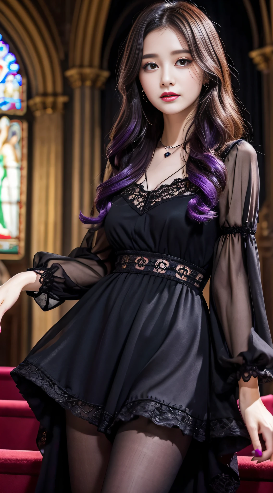 LTRA Details、Fascinating beauty、Dainty woman、Cool Girl、Wavy Hair、Black chiffon dress、Wide sleeves、flered skirt、Black pantyhose、Evil Female Executive、Evil Fall、brainwash、lacy fabric、Glossy legs、black lipstick、Evil look、Suspicious look、Hollow eyes、wicked、Reaching out、Arms up、In the Church、Palm forward、Purple Lipstick、Pendants