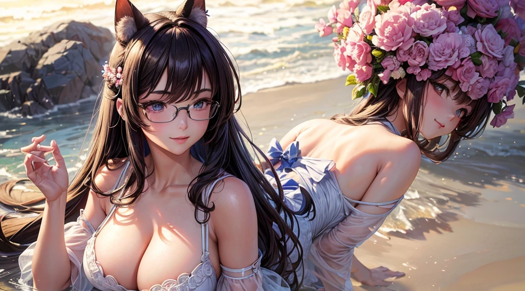 (masterpiece, best)), (1girl), (mature woman), Olive hair, open-chest seduction, flared, (kemonomimi lady), bangs, medium breasts, glasses lady, (full), slim, smile, [wide hips], standing, 8K picture quality, sexy seduction, (open-chest) (Sharp focus: 1.5), (sharp focus:1.2), (beautiful face:1.1), (eye makeup:1.2), (tight body:1.2), (flowery dress:1.2) (the beach:1.2). (morning sun lighting:1.2), ((Masterpiece)), (highest quality))), (Character design sheet, national costume, same character, front, side, back), (simple background, white background: 1.3) ( Masterpiece:1.2), (Best Quality:1.3) (best quality:1.1) realistic:1.37 long, flowing:1.1 luscious, plump:1.1 sparkling sequins:1.1 subtle, Pink:0.9 soft, warm:1.1 best quality,4k,8k,highres,masterpiece:1.2, realistic,photorealistic,photo-realistic:1.37, ultra-detailed:1.1 busty animal ears, beautiful, detailed ears:1.1 best quality, 4k, highres, masterpiece:1.2 detailed, piercing eyes:1.1 4k, 8k, highres, masterpiece:1.2 very three-dimensional: 1.2 (8k, best quality, masterpiece:1.2 ((masterpiece, best))