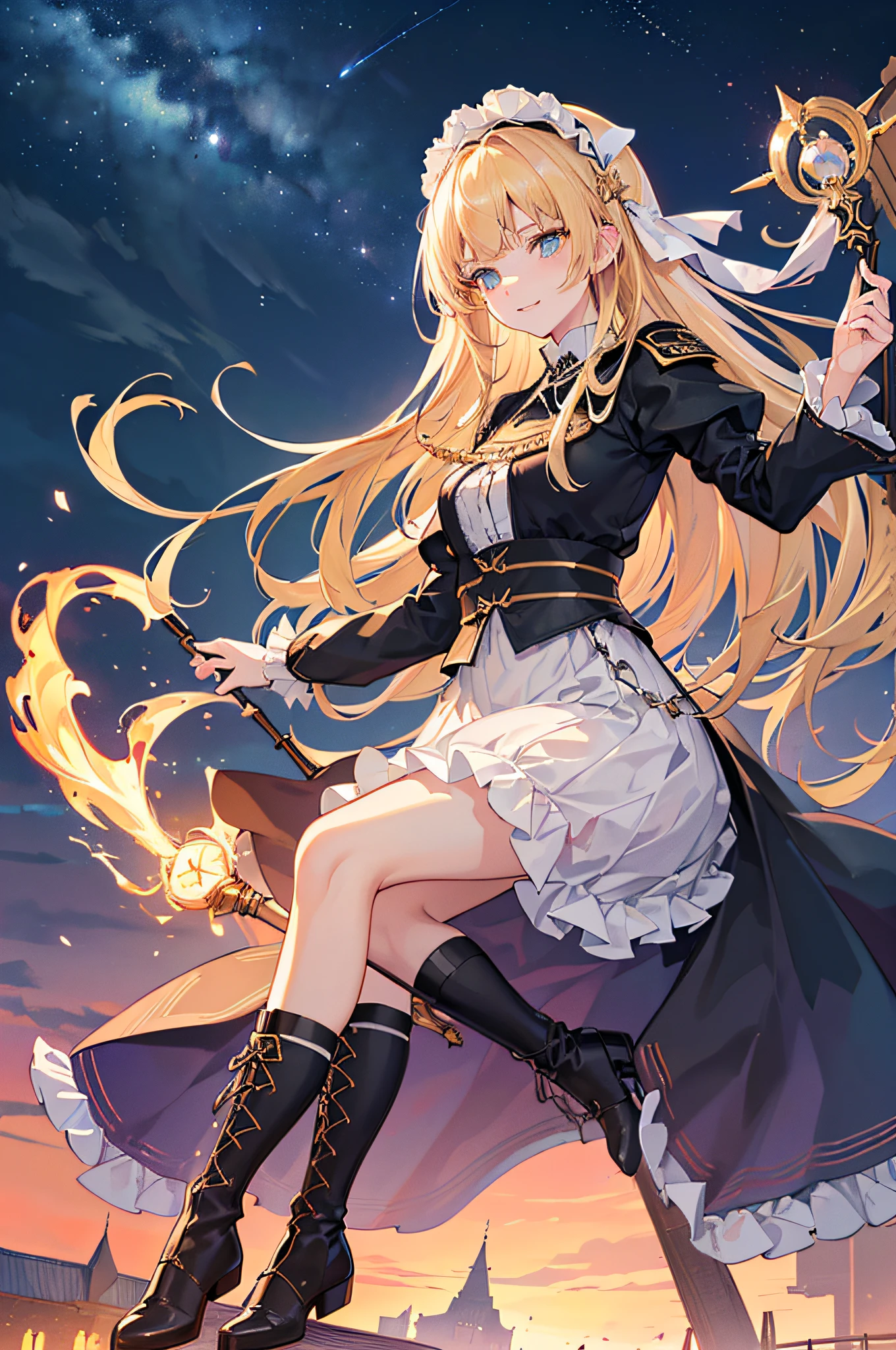 (Official art、Best Quality、Unity 8k Wallpapers、32K、​masterpiece、ultra-detailliert、超A high resolution、realisitic、Photorealsitic:1.2)、(Cinematic lighting:1.2)、Fireglow effect、film grains、Best Shadows、Rim lighting、side lights、sideshot、(Ultra-detailed and complex 3D rendering)、Detailed beautiful face and eyes、Sharp pupils、Realistic pupils、A slender、１Woman、Medium bust、(Full body:1.2)、 Highly detailed background、beauitful face、26-year-old beautiful girl、(super detailed skin、detailed skin textures:1.3)、(Half Blonde、Colorful hair:1.3)、Blunt bangs、green colored eyes、magical girl costume、A slender、white  shirt、Costumes with frills、frills skirt、knee sox、(thighs thighs thighs thighs:0.8)、Black boots、(Fantastic and beautiful night sky、Medieval city at night、On the roof of the tower:1.4)、(carrying a magical staff:1.3)、(Looking away、overlooking a city:1.3)、Fantastical、Gentle smile、I opened my mouth a little,Evil smile,