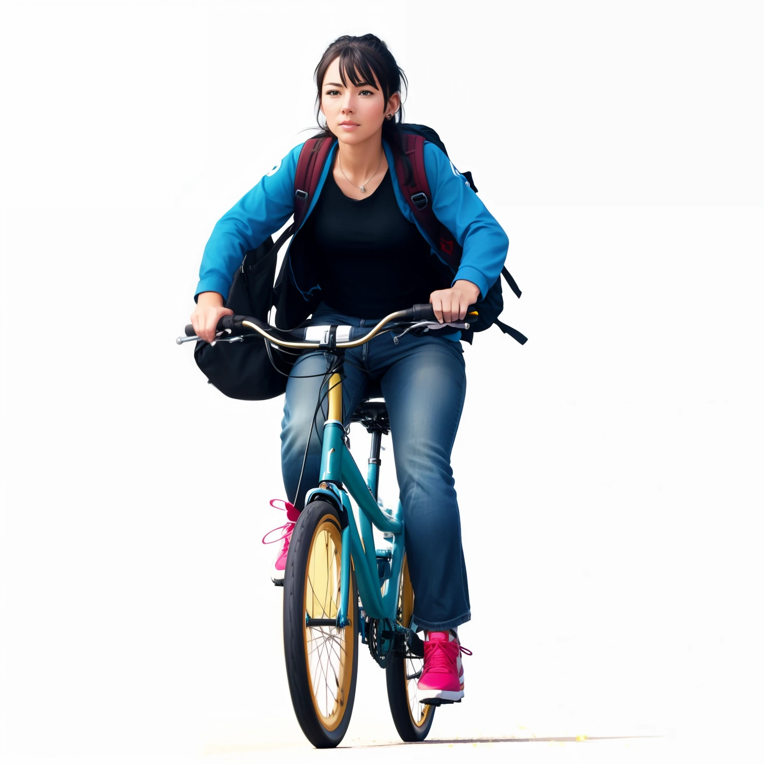 woman riding a bike with a backpack on the back, riding a bike, student, picture of a female biker, cycling!!, bicycle, rides a bike, bicycles, hr, riding, promo art, college, from yowamushi pedal, biker, promo shot, looks smart, information, beginner, istock, girl, promo image, brilliant, hair like cleopatra