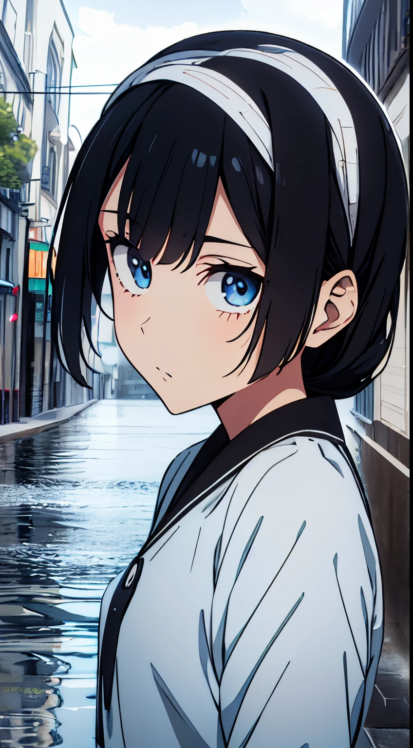 masutepiece, Best Quality,Illustration, Wallpaper, Ultra Detail, absurderes, 1girl in, Solo, (liquid hair), Beautiful detailed eyes,
Bangs, Medium Short-Cut Hair, magical little girl, Black hair, vague, Water, water dripping, Looking to the side,
(Street:1.5),, Cloudy sky,