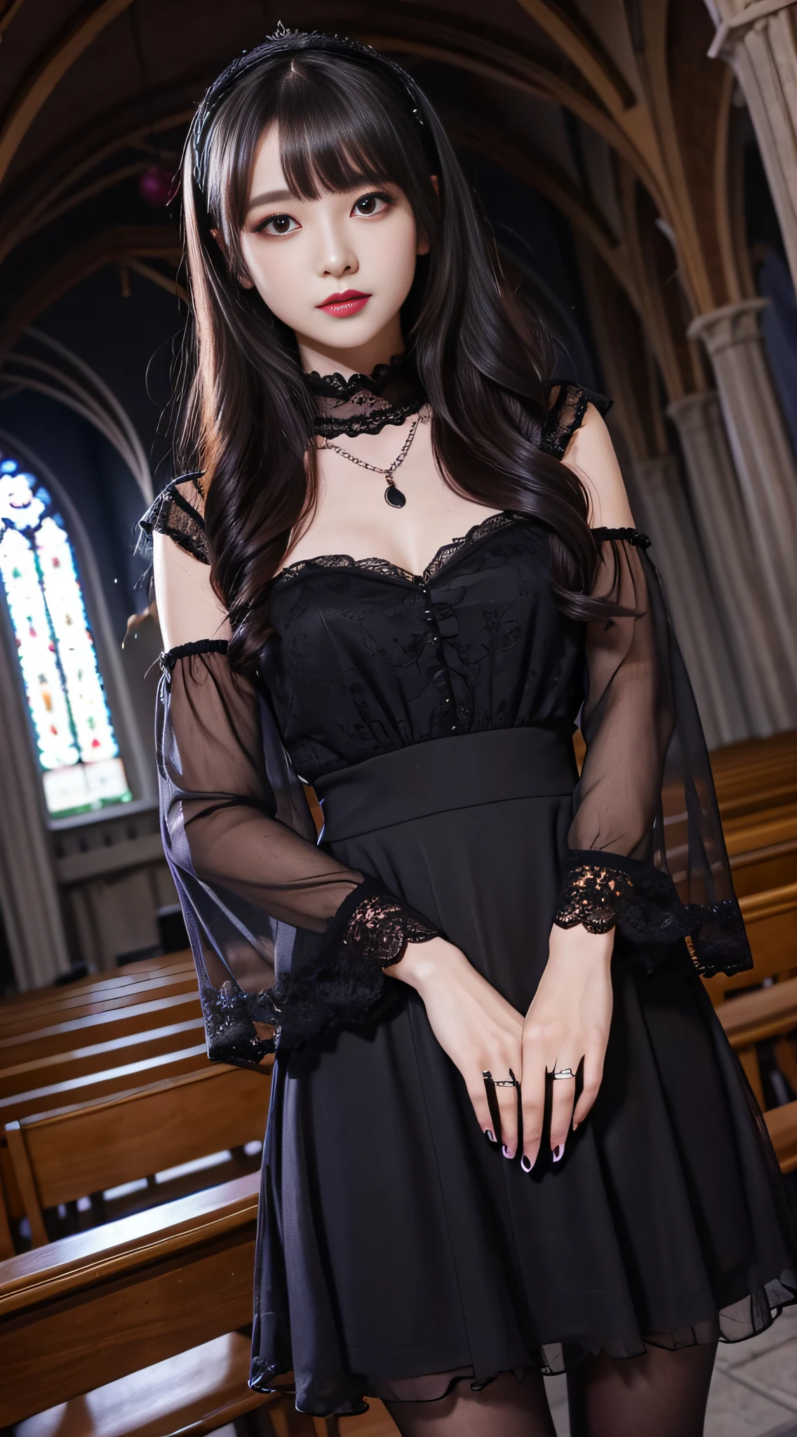 LTRA Details、Fascinating beauty、Dainty woman、Cool Girl、Wavy Hair、Black chiffon dress、Wide sleeves、flered skirt、Black pantyhose、Evil Female Executive、Evil Fall、brainwash、lacy fabric、Glossy legs、black lipstick、Evil look、Suspicious look、Hollow eyes、wicked、Reaching out、Arms up、In the Church、Palm forward、Purple Lipstick、Pendants