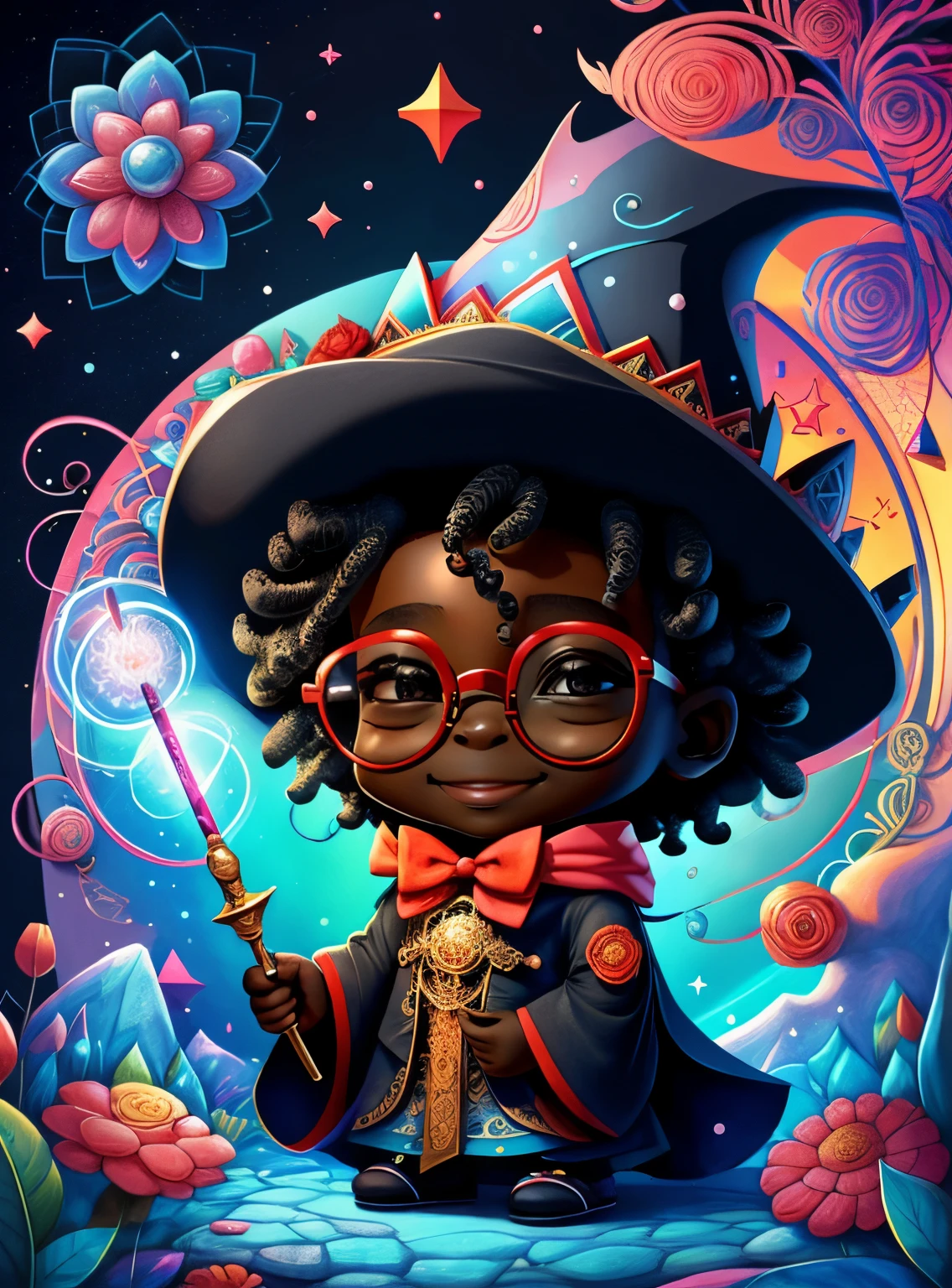 (cute black baby wizard smiling with red glasses and with a flower magic wand in an enchanted florest) Munchkin,Geometric multidimensional wall portrait, livro de arte, Tchibi,
Yang08k, Beautiful, Colouring,
Obras, of the highest quality, best quality, Arte Oficial, Beautiful and Aesthetic,