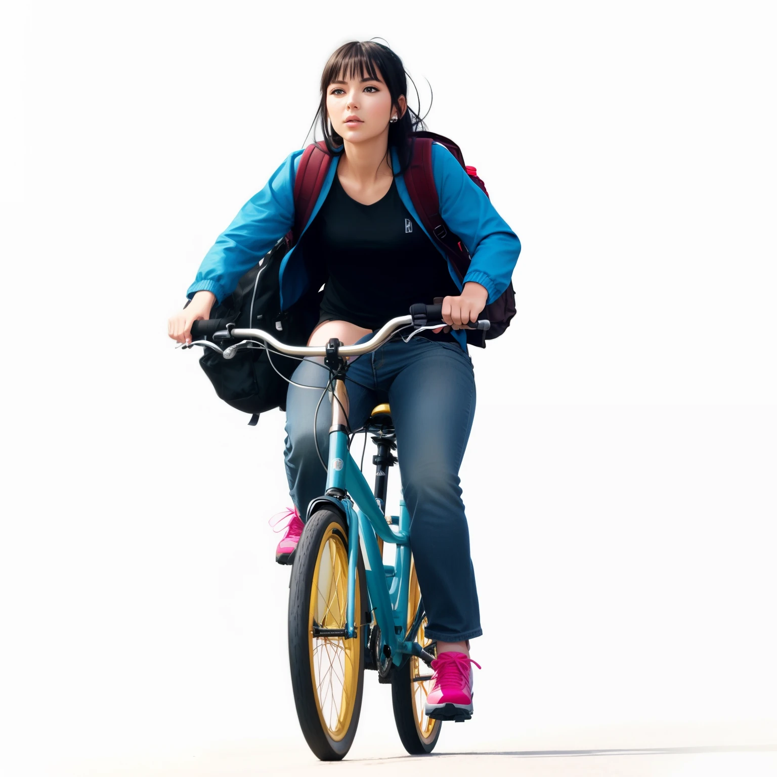 woman riding a bike with a backpack on the back, hair like cleopatra, riding a bike, big eyes, student, picture of a female biker, cycling!!, bicycle, rides a bike, bicycles, hr, riding, promo art, college, from yowamushi pedal, biker, promo shot, looks smart, information, beginner, istock, girl, promo image, brilliant, hair like cleopatra