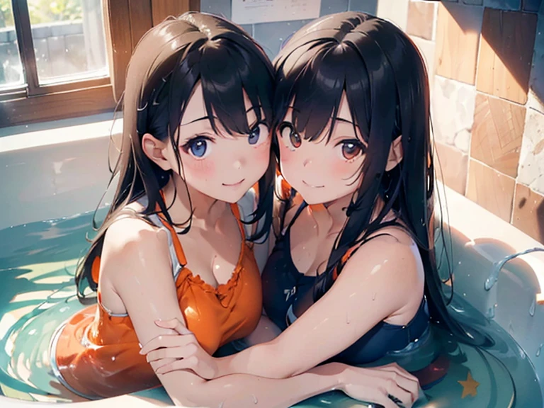 2girls, pussy, anus, spread legs, looking up, smile, blush, breasts, god rays, pee stain,large breasts, longhair,full nude,nsfw, , little smile, looking at viewing, front view, outdoor, onsen background,wet hair, wet body, kneeling, {{{{{detailed face}}}}}, 3d anime, detailed body, ultra-detailed, best quality, beautiful detailed eyes, cinematic lighting, super detailed skin,