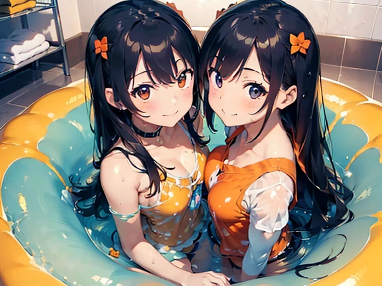 (​masterpiece:1.3),top-quality,Highest Definition,(Top resolution:1.3),Top image quality,(8K分辨率:1.3),(sharpnes:1.5),Fine eyes,Fine hair,(A hyper-realistic:1.5),swim wears(orange and navy blue、Depicted in detail、Orange Camisole、Dark blue shorts、Drenched in clear slimy lotion),2girls(17 age、cute smile face、feel attractive、embracing each other),soaking wet in the bathroom(Large bathtub,Slimy lotion),