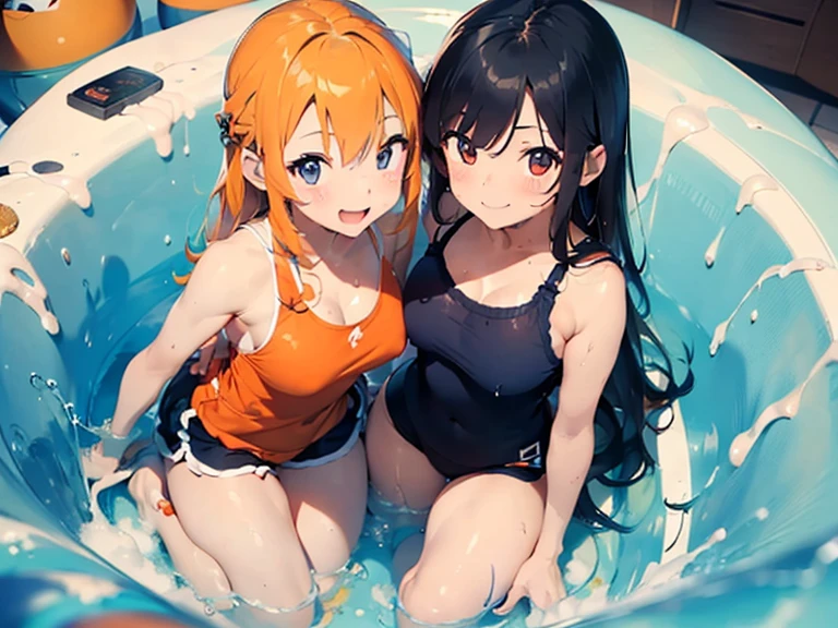 (masterpiece:1.3),top-quality,Highest Definition,(Top resolution:1.3),Top image quality,(8K分辨率:1.3),(sharpnes:1.5),Fine eyes,Fine hair,(A hyper-realistic:1.5),swim wears(orange and navy blue、Depicted in detail、Orange Camisole、Dark blue shorts、Drenched in clear slimy lotion),2girls(17 age、cute smile face、feel attractive、embracing each other),slimy in the bathroom(Large bathtub,Slimy lotion),