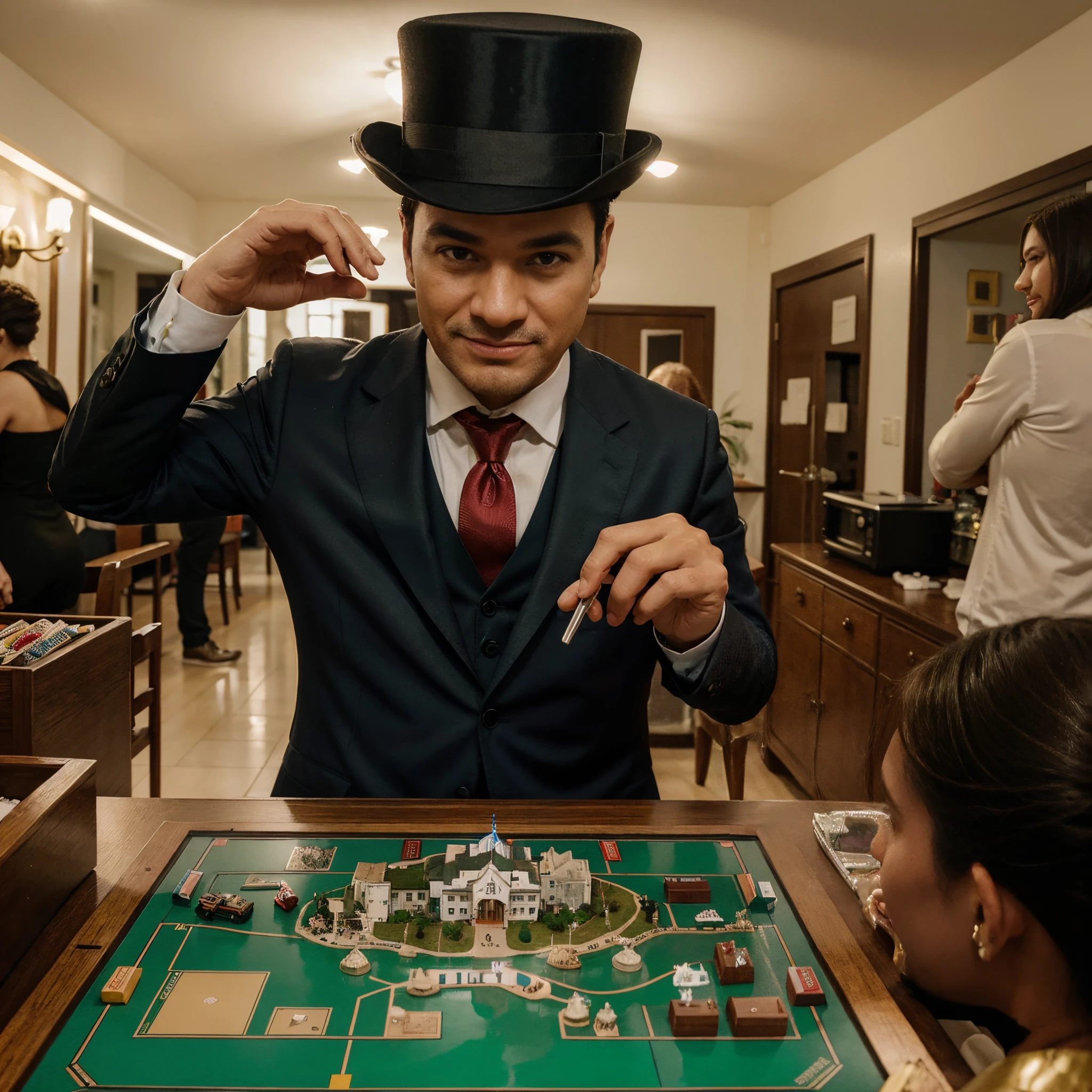 High resolution 1280px x 720px image shows the iconic character from the game Monopoly in the center. He is represented as an elegant tycoon, com um terno bem ajustado, a top hat and a confident smile on your face. Ao redor do personagem, the background of the image depicts details from the game Monopoly, trazendo elementos vibrantes e coloridos. The game board is the highlight, com suas propriedades distintas, like houses and hotels, em tons de vermelho, azul, verde e amarelo, destacando-se contra o fundo brilhante. The streets and avenues on the board are displayed in perspective, giving a sense of depth to the image. Ao redor do tabuleiro, there are piles of money, simbolizando a riqueza que pode ser conquistada no jogo. Luck and setback cards are scattered across the image, adding a touch of mystery and unpredictability. Ademais, small miniature houses and hotels are strategically positioned in the background, simbolizando o crescimento das propriedades ao longo do jogo. As cores vibrantes e vivas dominam a imagem, bringing a feeling of energy and enthusiasm. O contraste entre as cores e os detalhes minuciosos cria uma imagem impactante e impressionante. No geral, the high resolution image of the Monopoly character in the center, com detalhes e cores vibrantes do jogo ao fundo, conveys the message that Monopoly is a game for tycoons who want to conquer property and accumulate wealth.