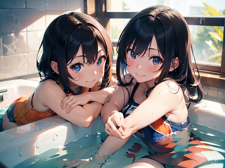 (masterpiece:1.3),top-quality,Highest Definition,(Top resolution:1.3),Top image quality,(8K分辨率:1.3),(sharpnes:1.5),Fine eyes,Fine hair,(A hyper-realistic:1.5),swim wears(orange and navy blue、Depicted in detail、Orange Camisole、Dark blue shorts、Drenched in clear slimy lotion),2girls(17 age、cute smile face、feel attractive、embracing each other),slimy in the bathroom(Large bathtub,Slimy lotion),